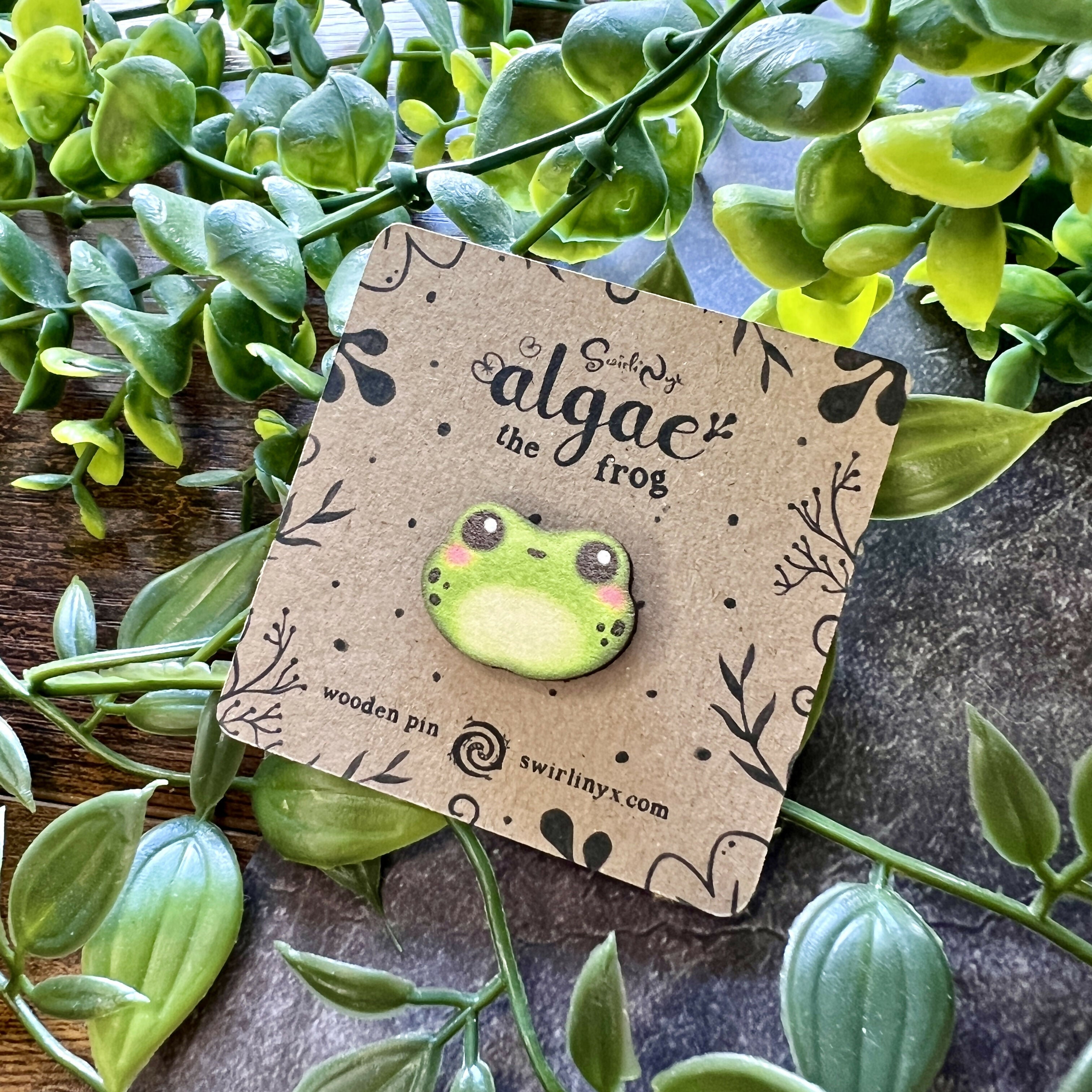 Algae the Frog Wooden Pin – Cute & Rustic Maple Pin | Art & Soul