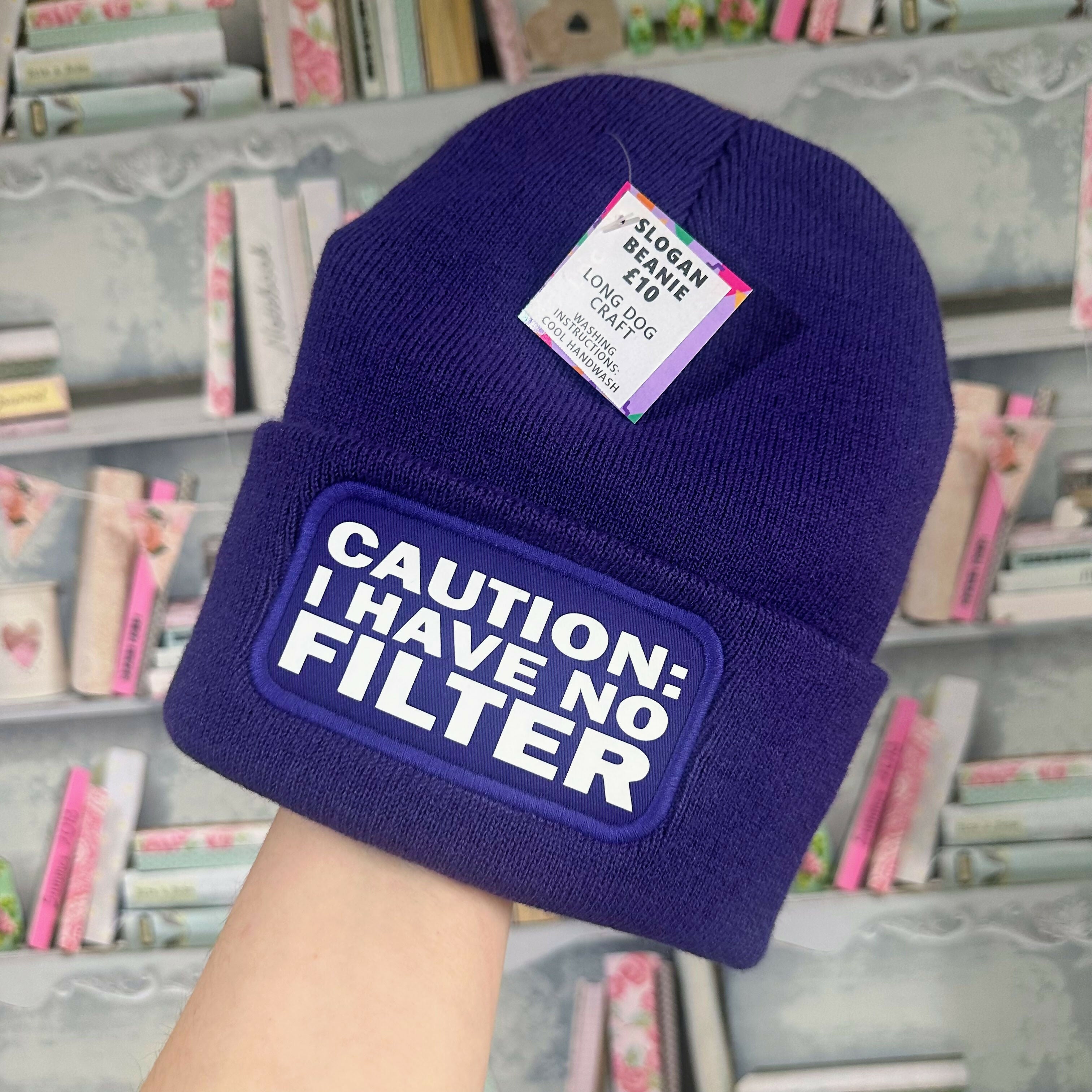 Caution Cuffed Rectangular Patch Beanie Hat