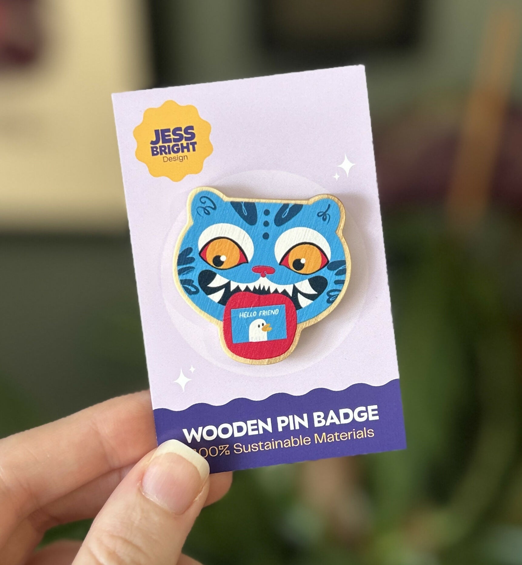 Derpy Tiger Demon Sustainable Wooden Pin Badge