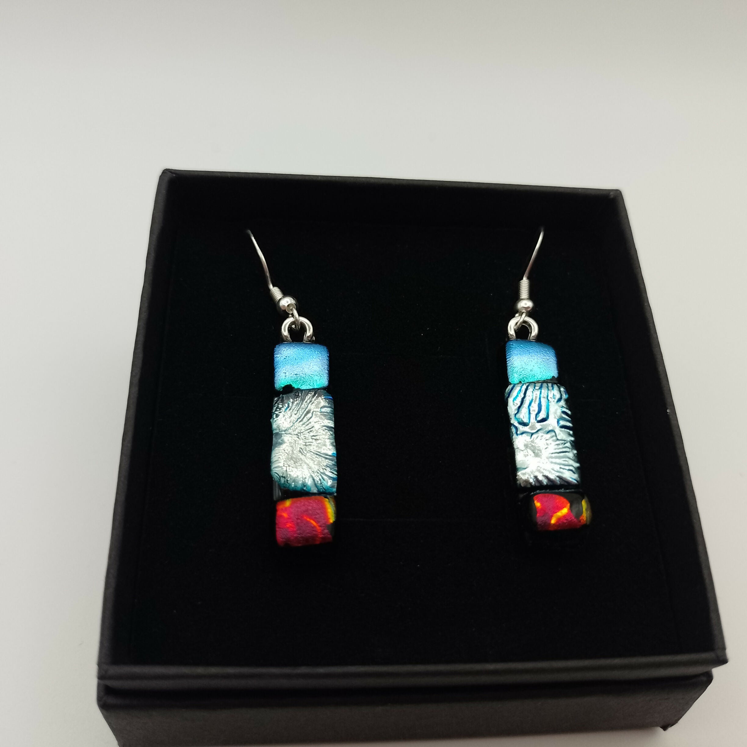 Blue, Silver and Red Dichroic Glass Earrings