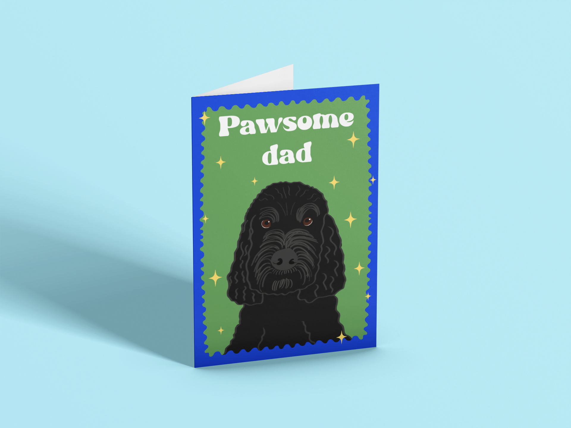 Green and blue design with dog on.