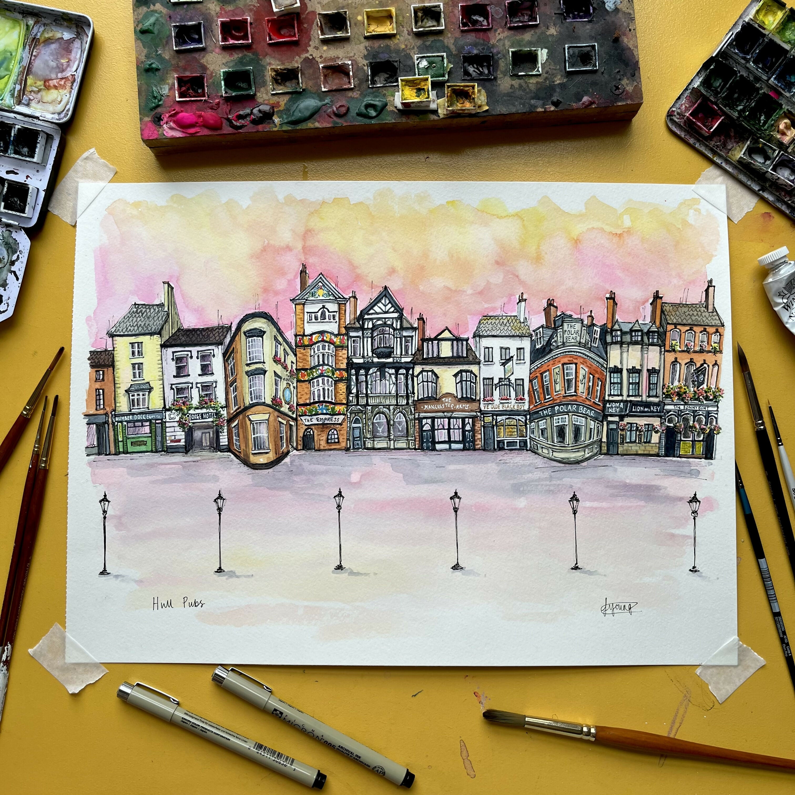 Classic Hull Pubs Watercolor Print A3 | Art & Soul