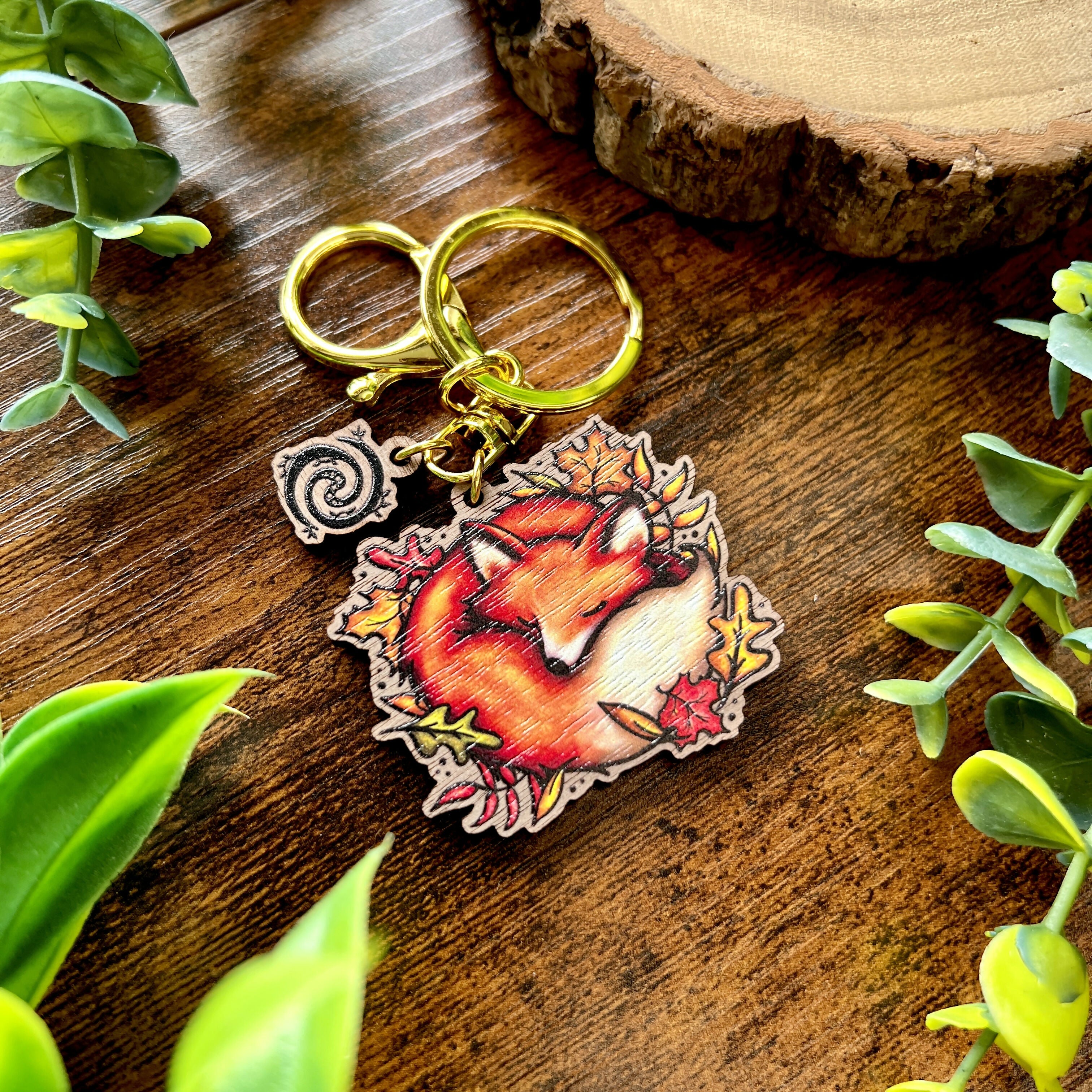 Sleeping Fox Wooden Keyring | Autumnal Leaves | Art & Soul