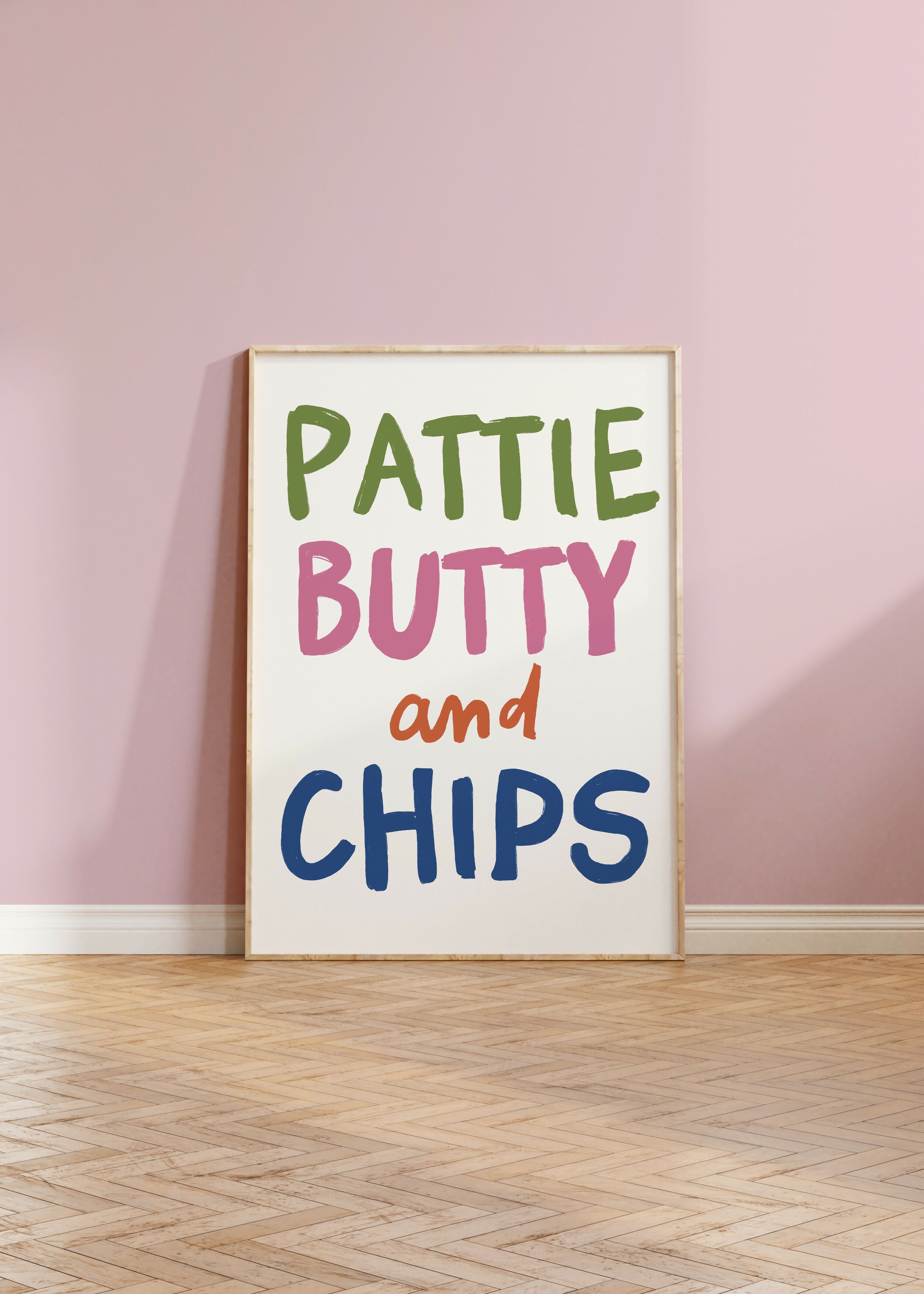 Colourful typography print with white background.