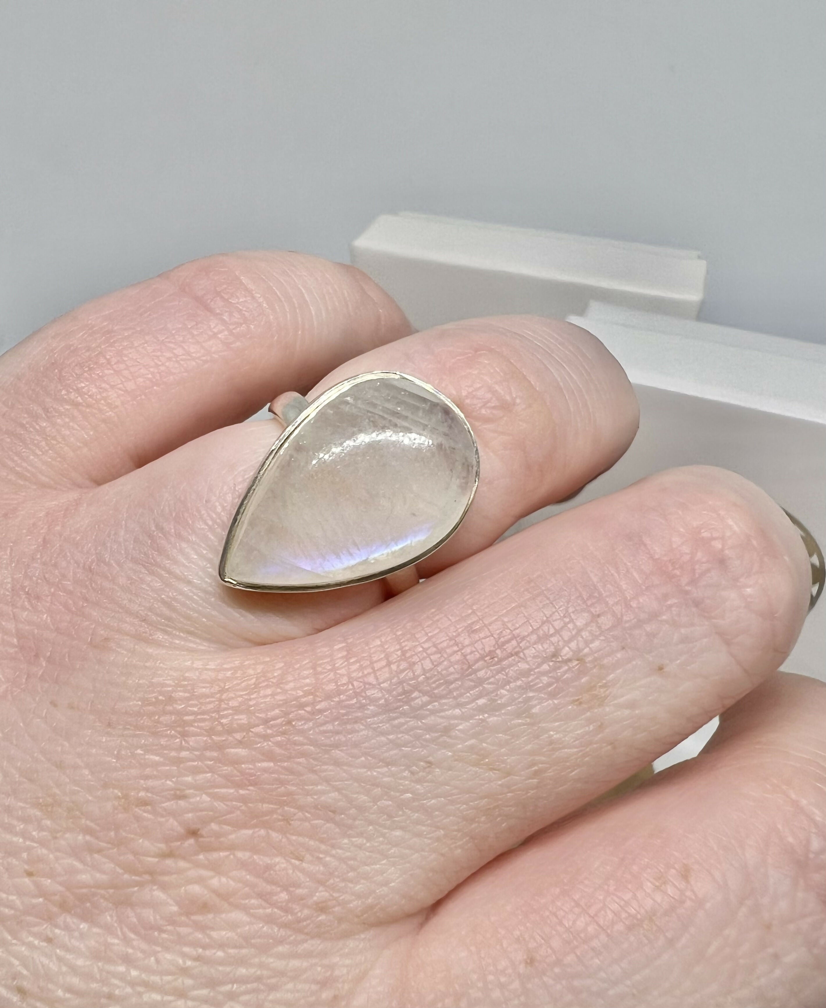 White moonstone teardrop ring size O