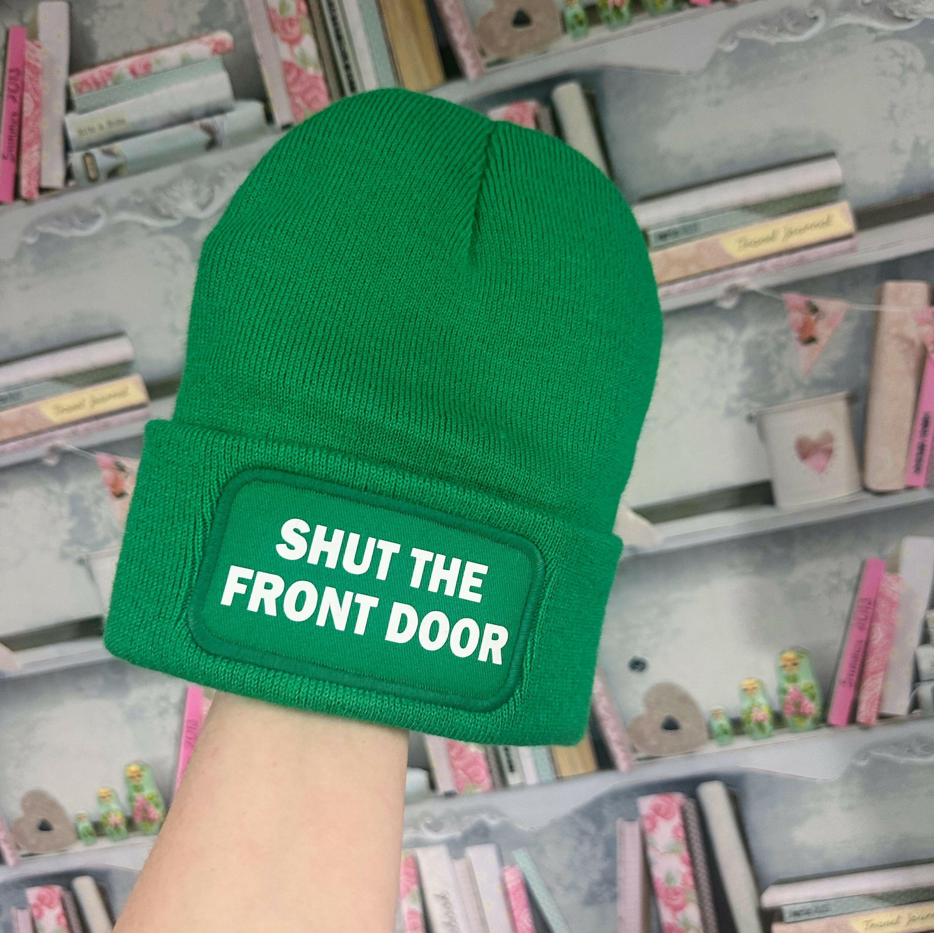 Shut The Front Door Cuffed Rectangular Patch Beanie Hat