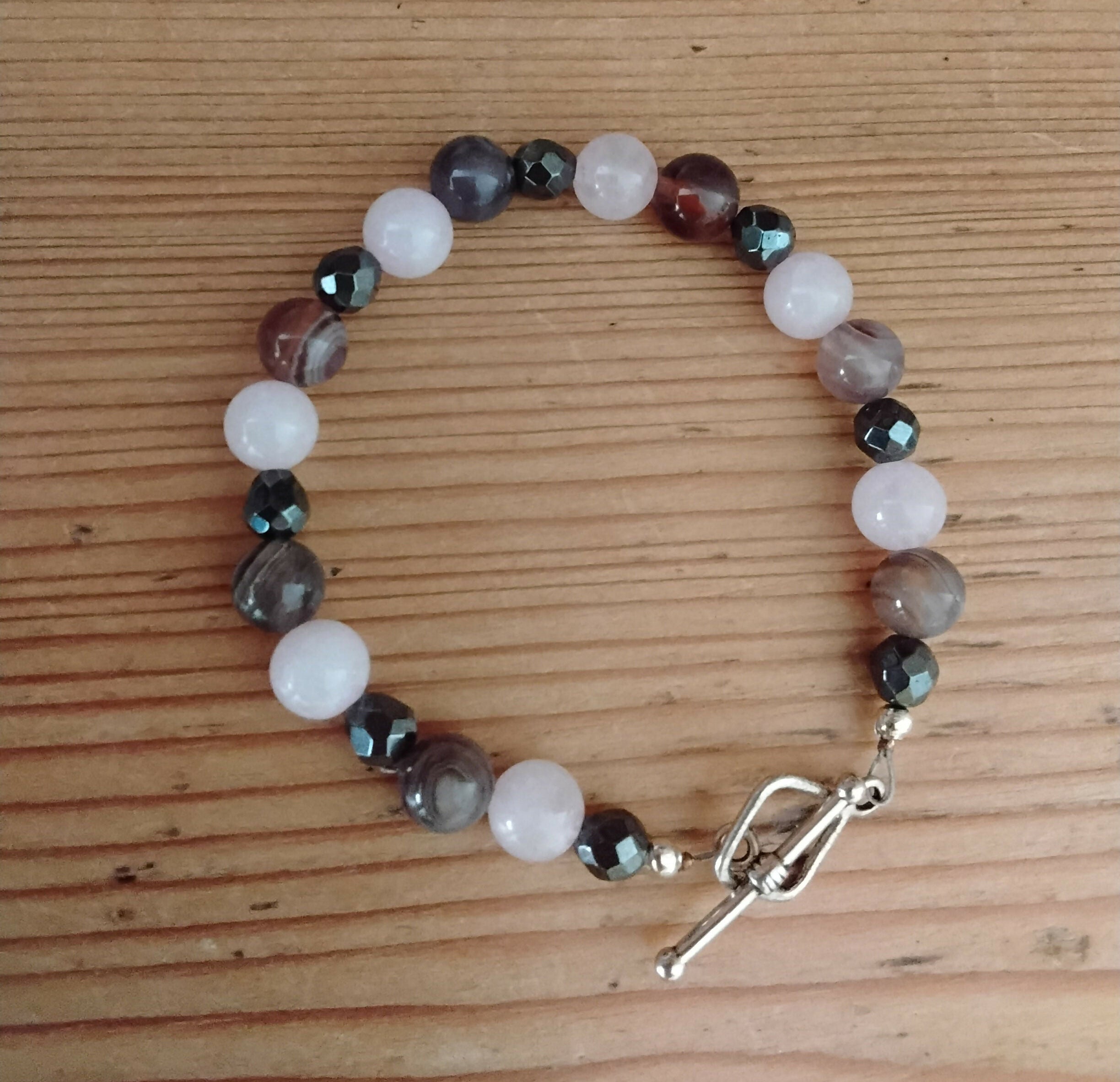 Tibetan Silver Toggle Catch Bracelet with Faceted Grey Hematite, Indian River Agate and Rose Quartz.