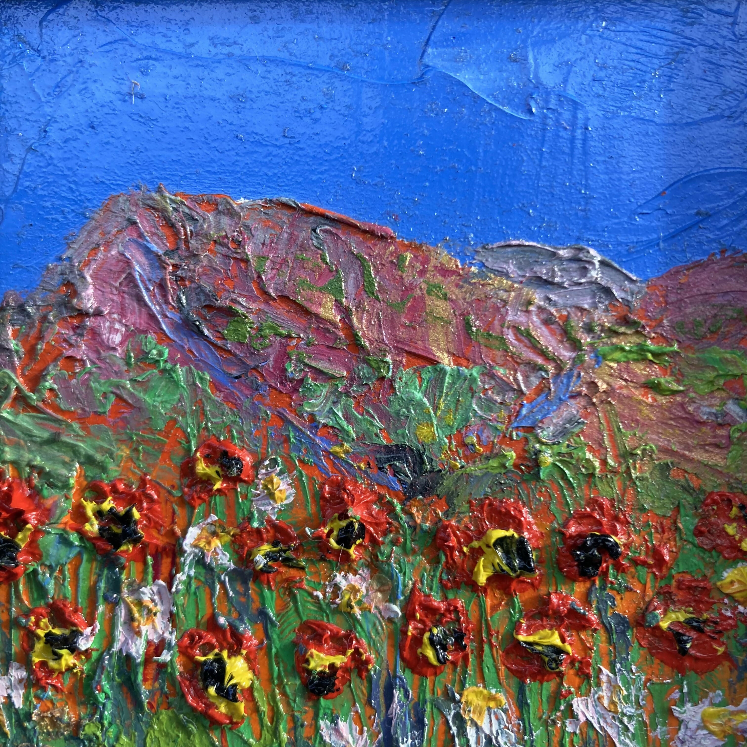 Daisies & Poppies - Black Framed Oil Painting On Wood