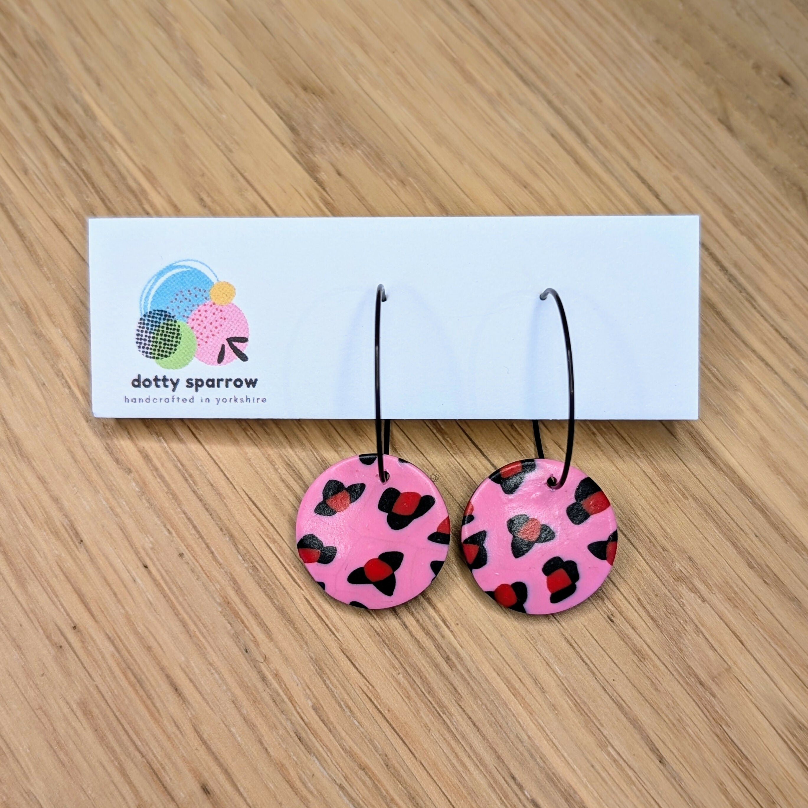 Pink & Red Leopard Print Circle Hoop Handmade Polymer Clay Earrings