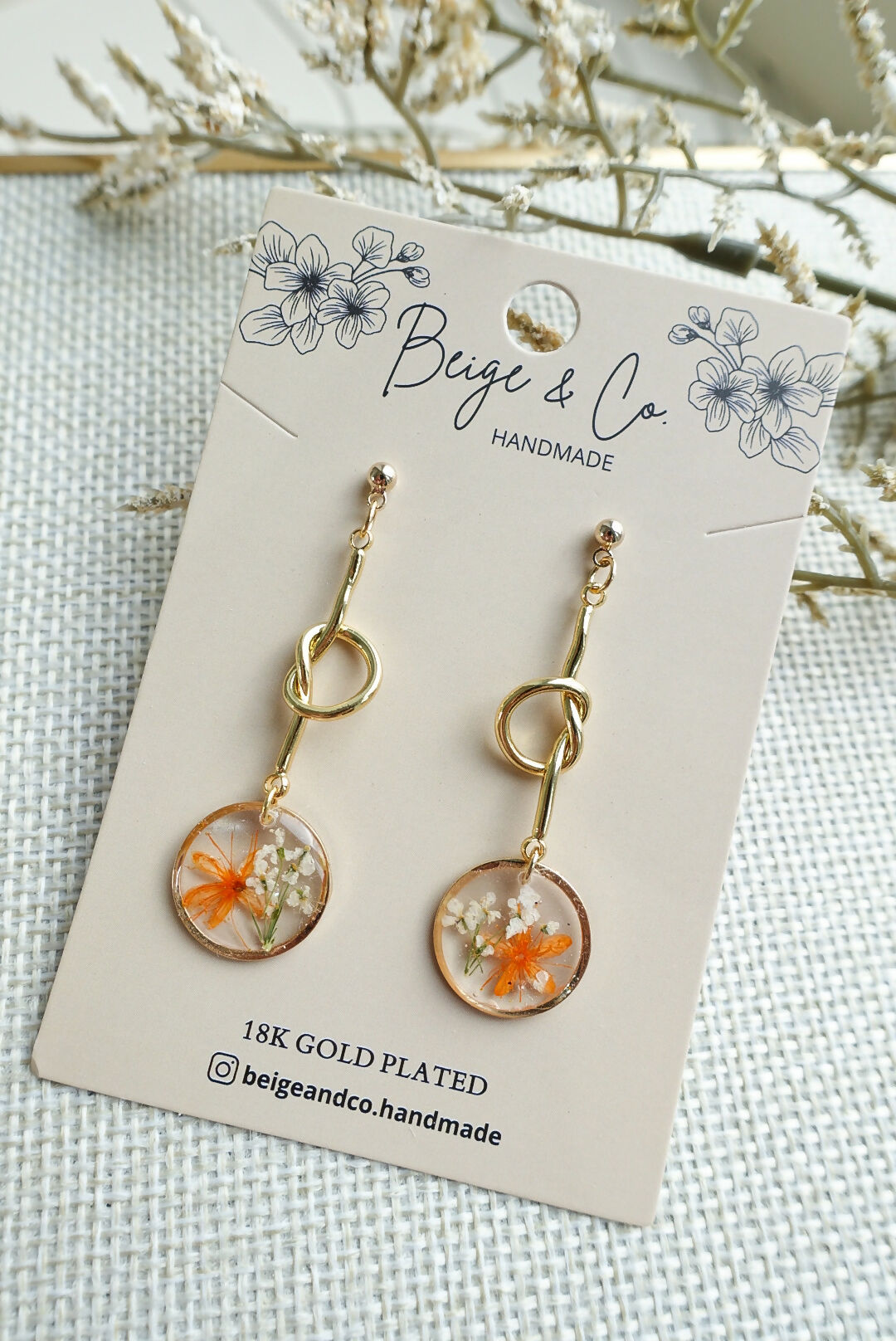 Real Flower Mini Gold Knot Circle Earrings