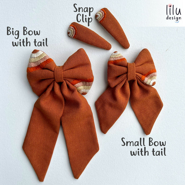 Embroidered Hair Bow and Clips - Terracotta Rainbow
