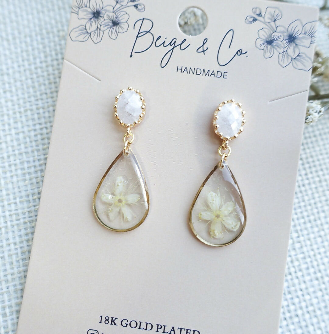 Real Flower White Drop Earrings