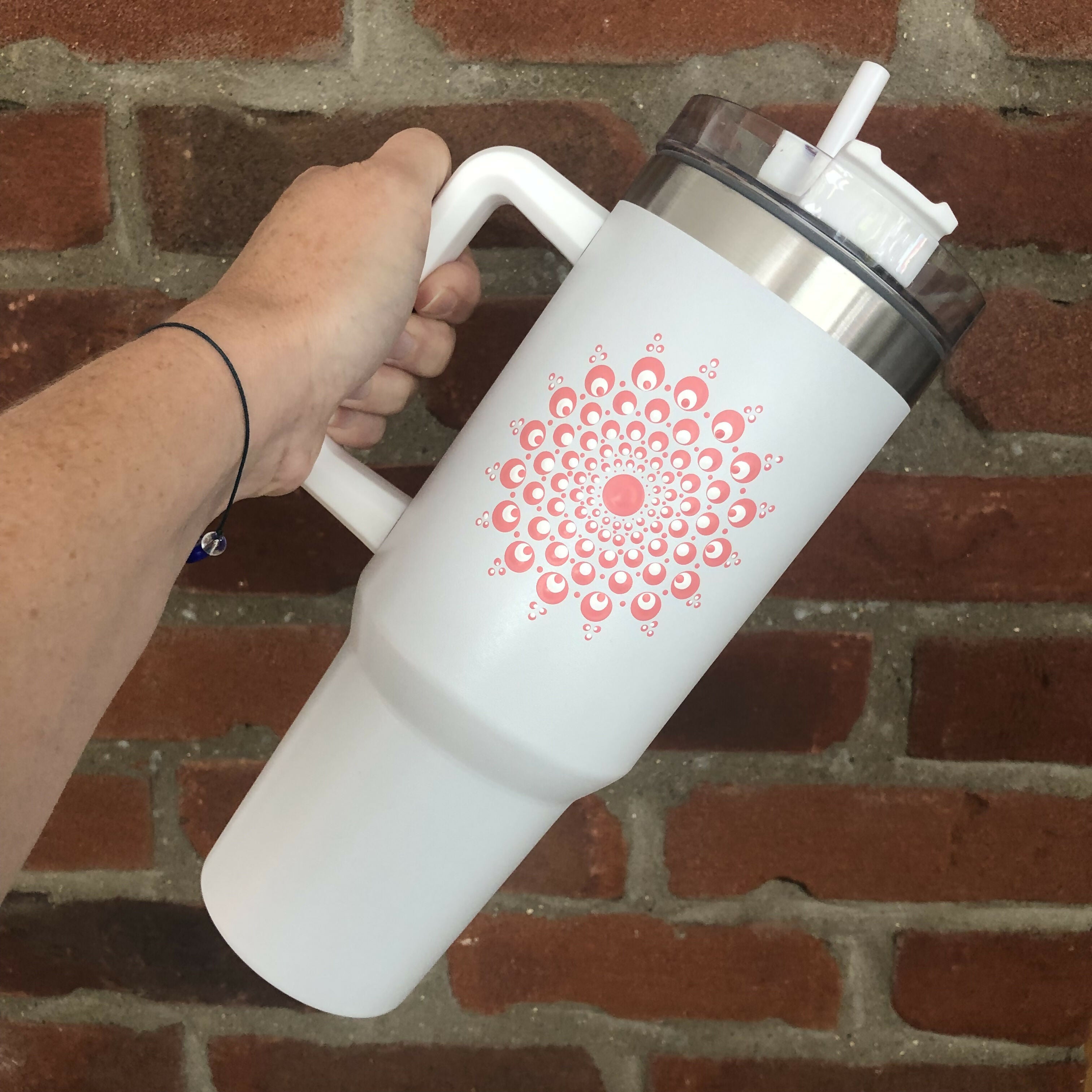Hand Painted Dot Mandala Stanley-Style Cup with Straw: White with Coral
