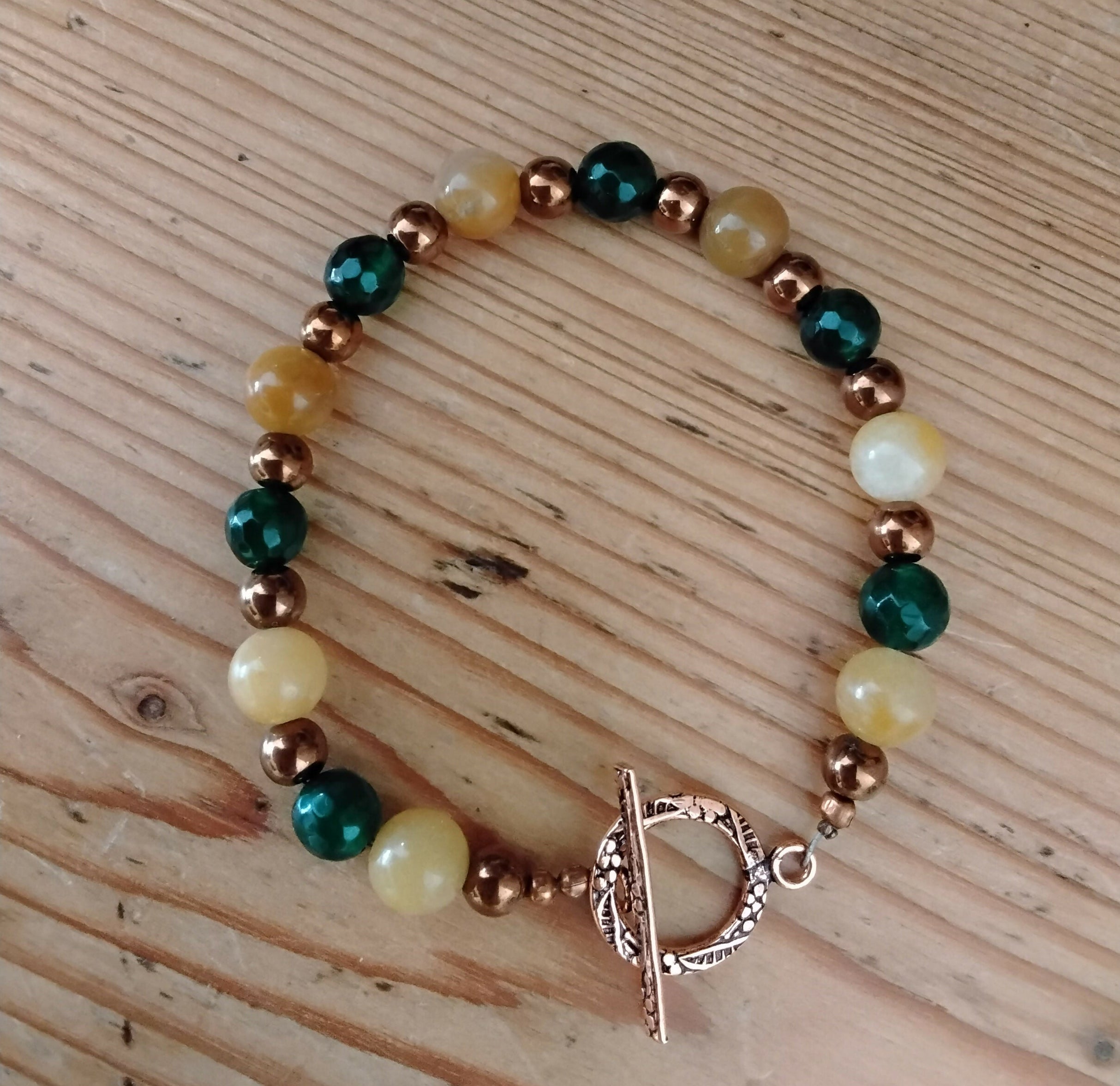 Pure Copper Toggle Catch Bracelet with Copper Hematite, Yellow Jade and Faceted Green Chalcedony