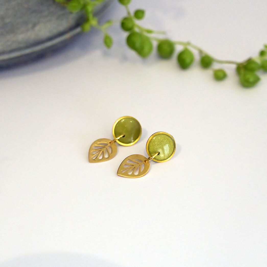 Olive and Gold Botanical Dangle Earrings - Handmade Polymer Clay - Polly Plant