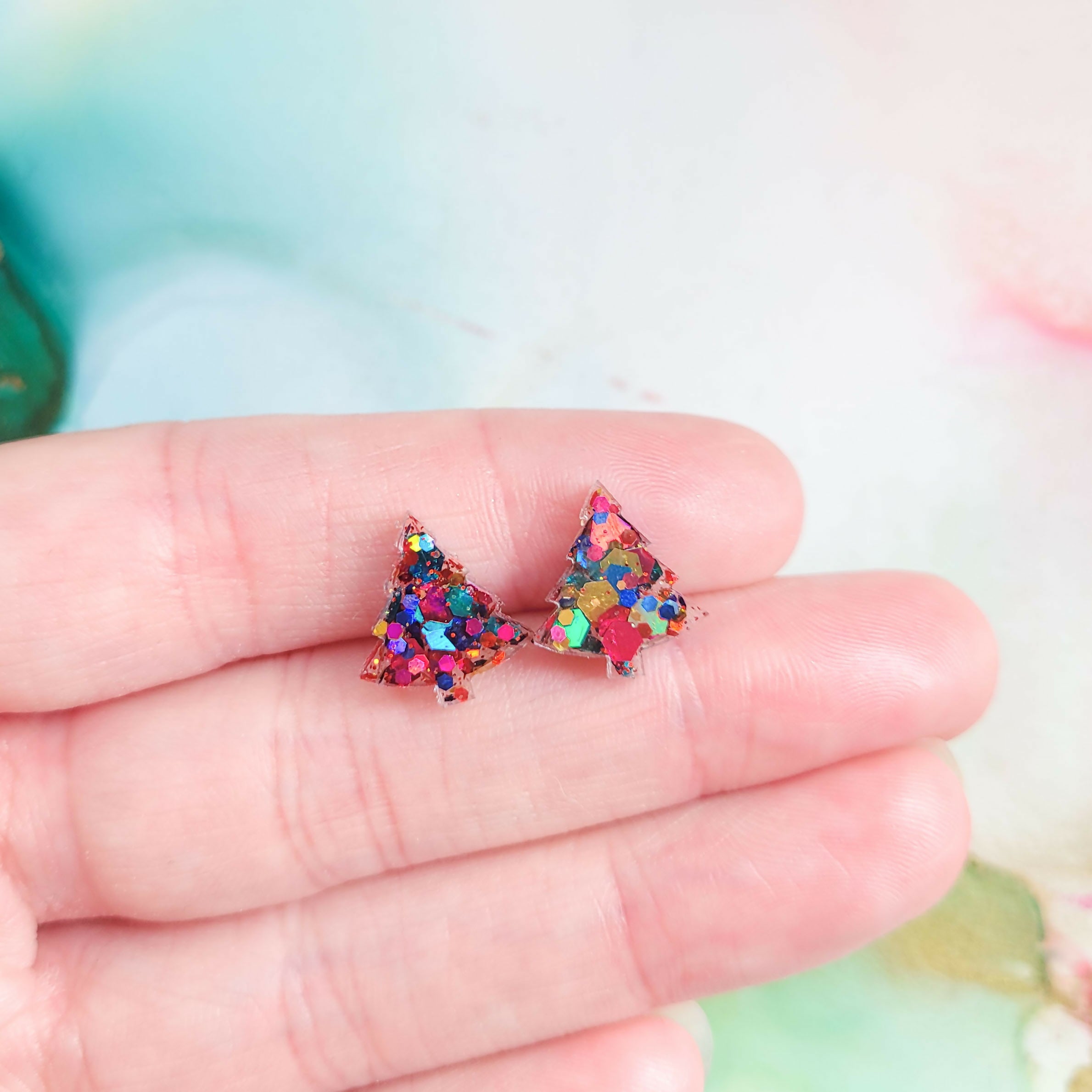 Handmade Glitter Christmas Trees Stud Earrings