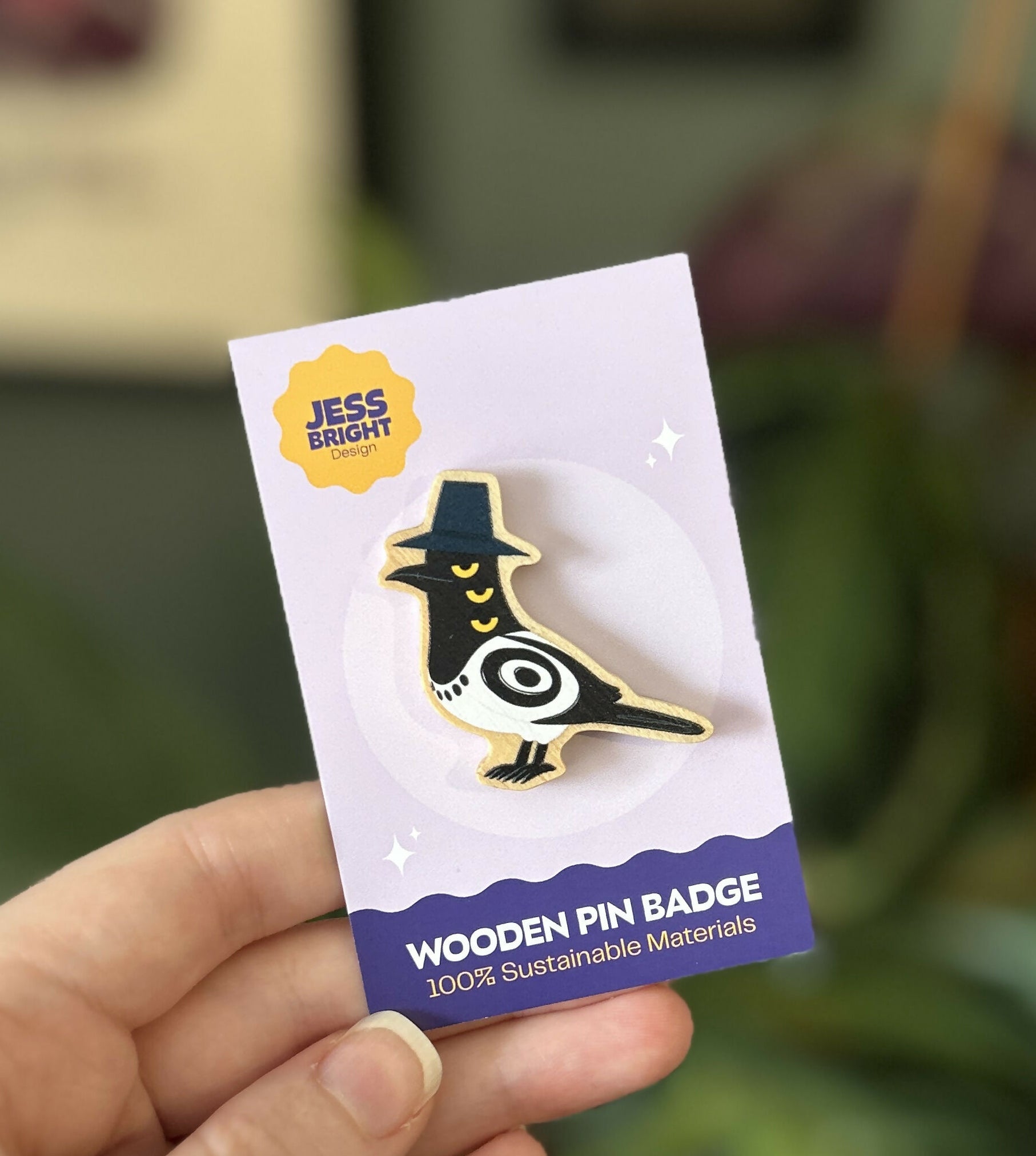 Sussie Magpie Demon Sustainable Wooden Pin Badge