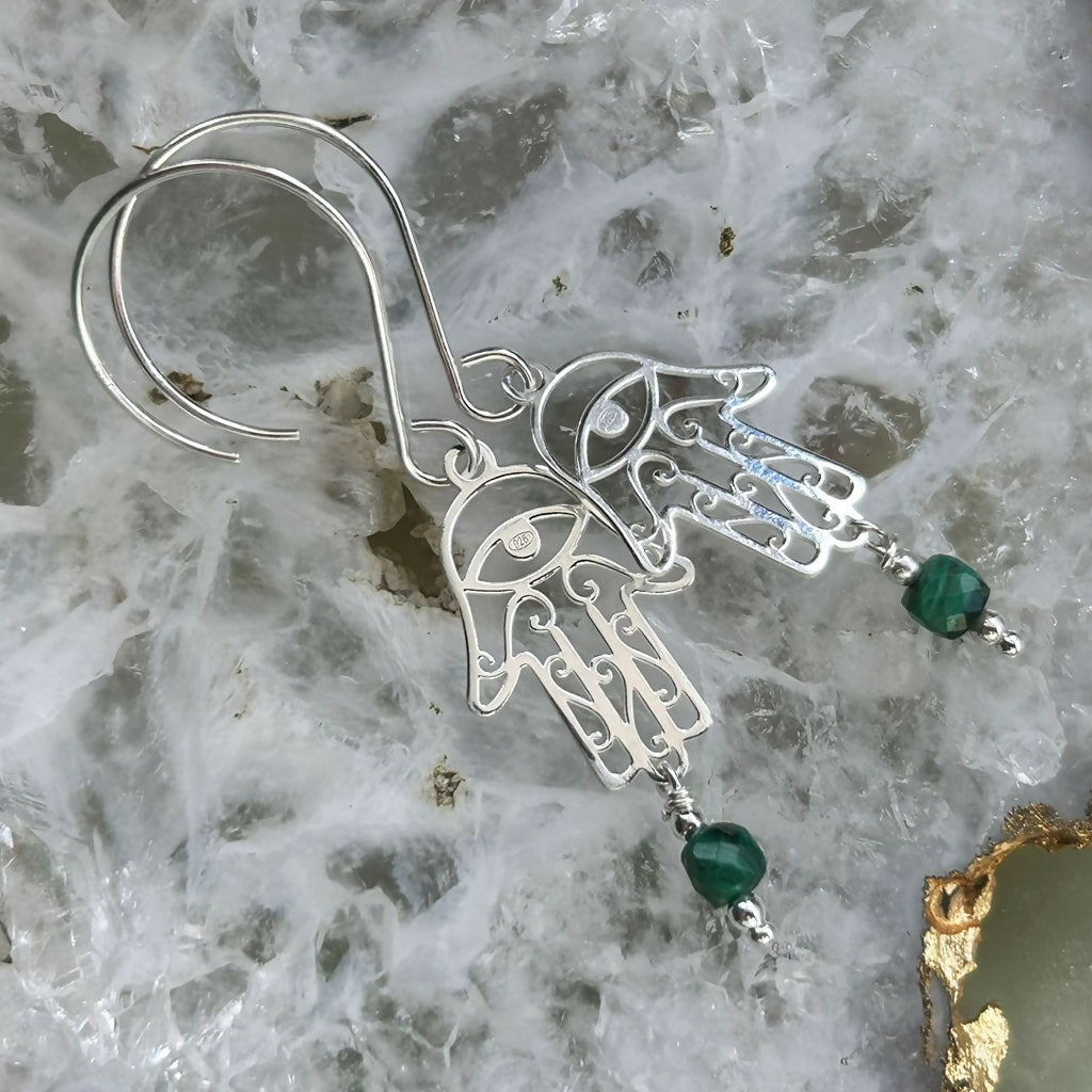Handmade Sterling Silver And Malachite Hamsa Hand Earrings
