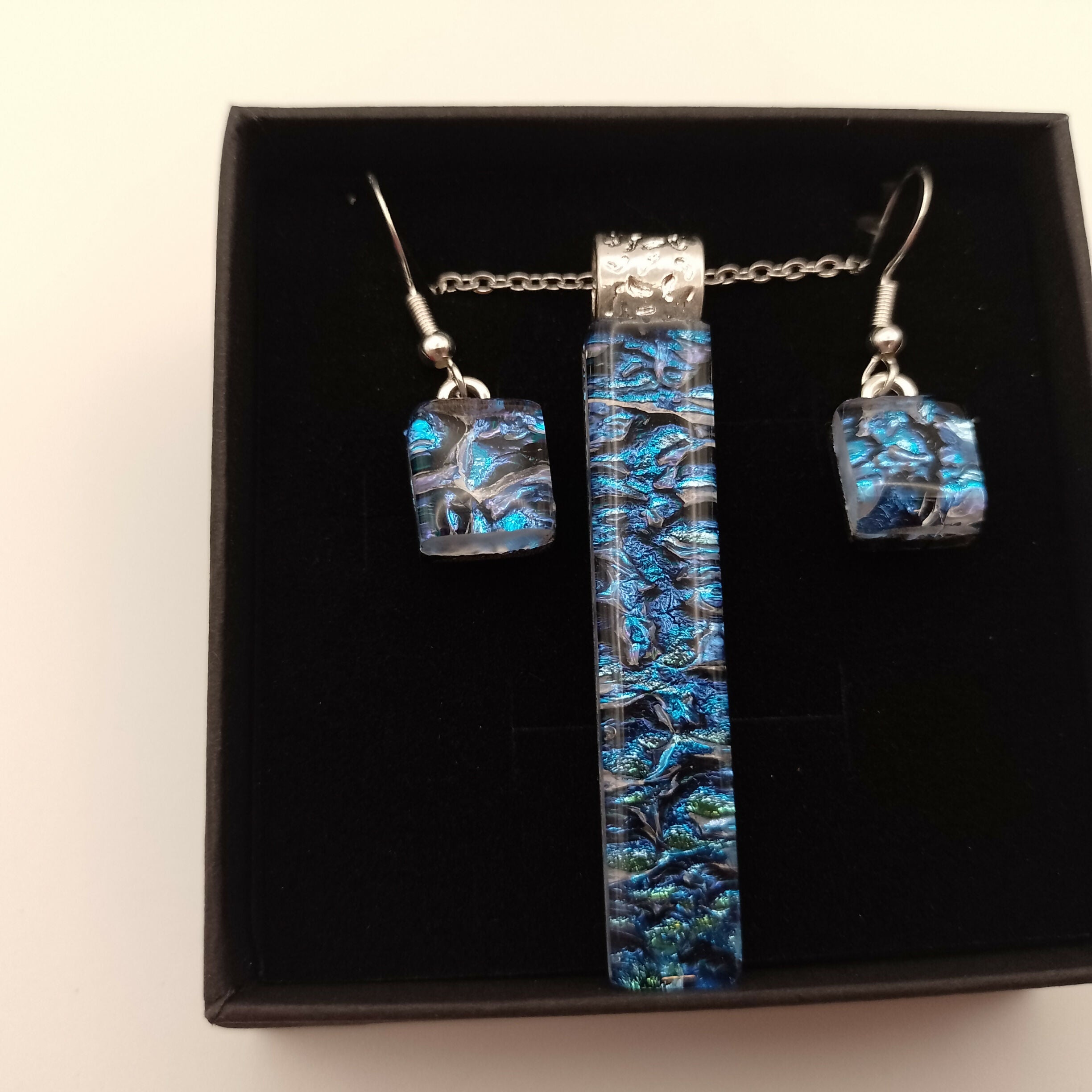 Blue and Green Dichroic Glass Pendant and Earring Set