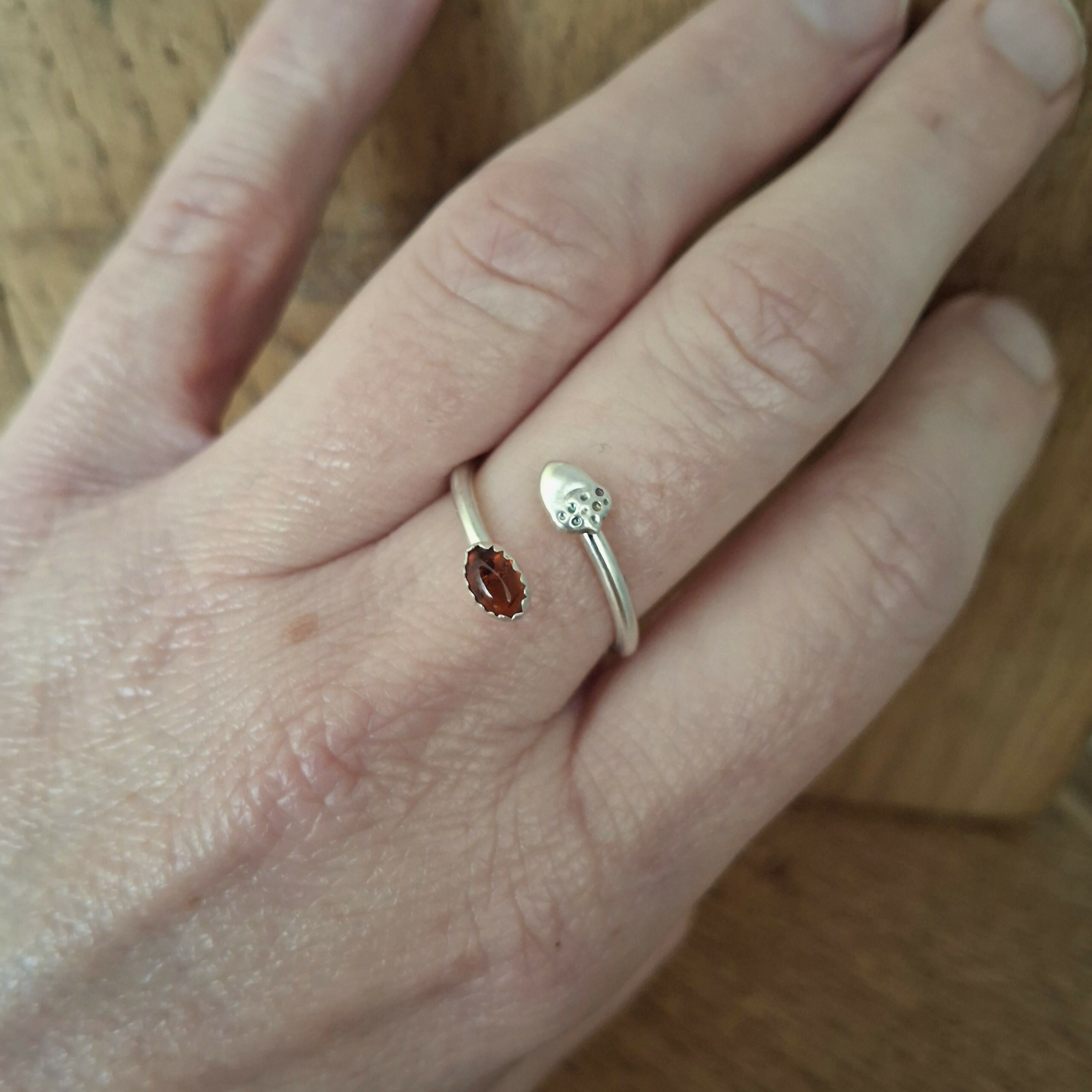 Handmade Adjustable Silver Acorn Ring With Amber, Size O