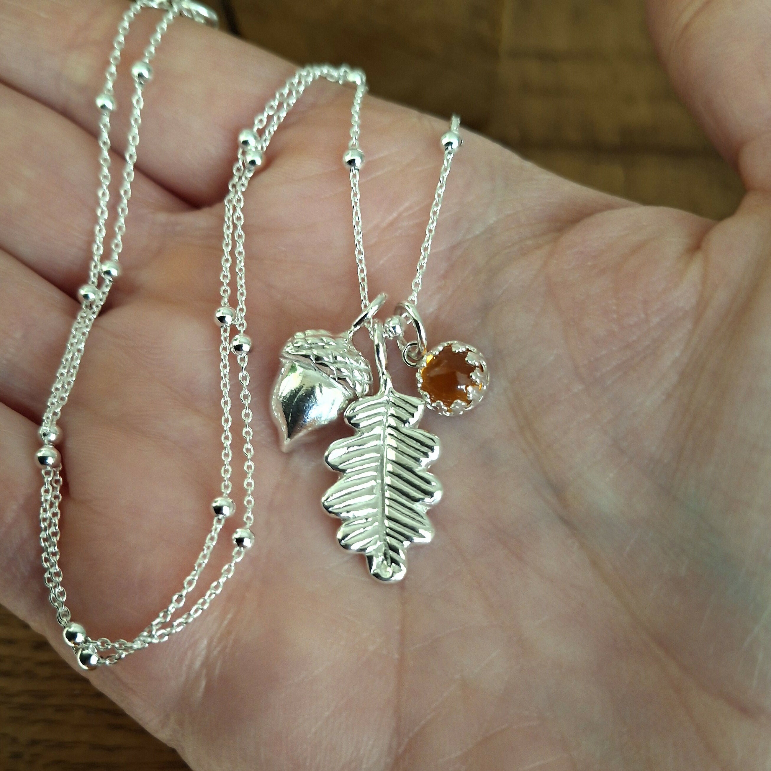 Handmade Large Oak Leaf & Acorn Necklace With Amber