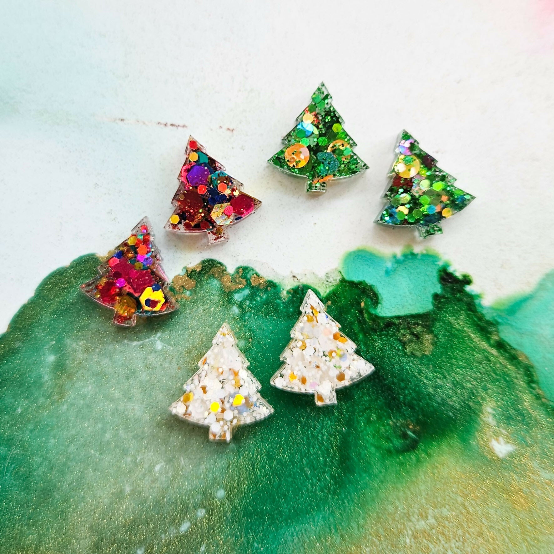 Handmade Glitter Christmas Trees Stud Earrings