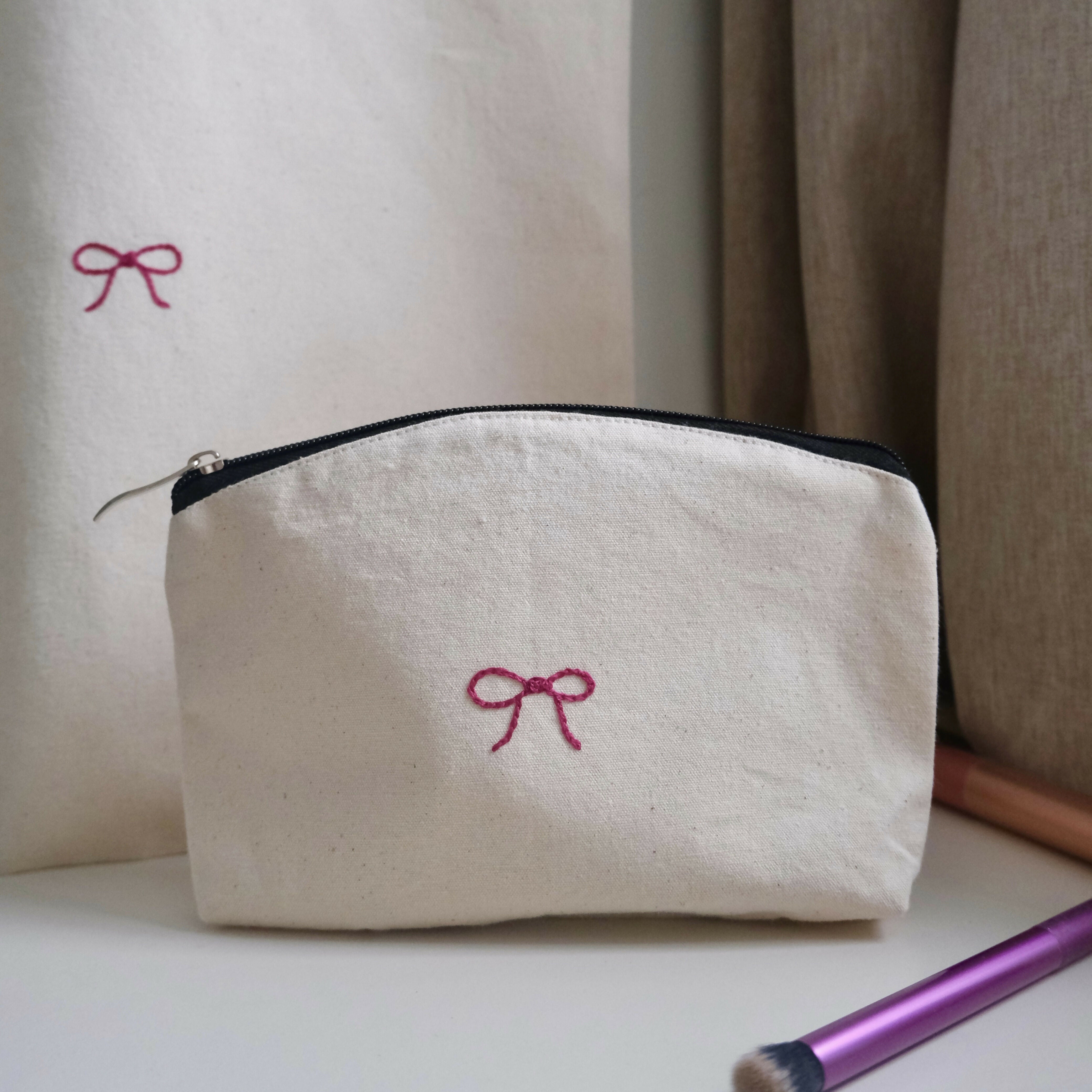 Hand Embroidered Pink Bow Makeup Bag