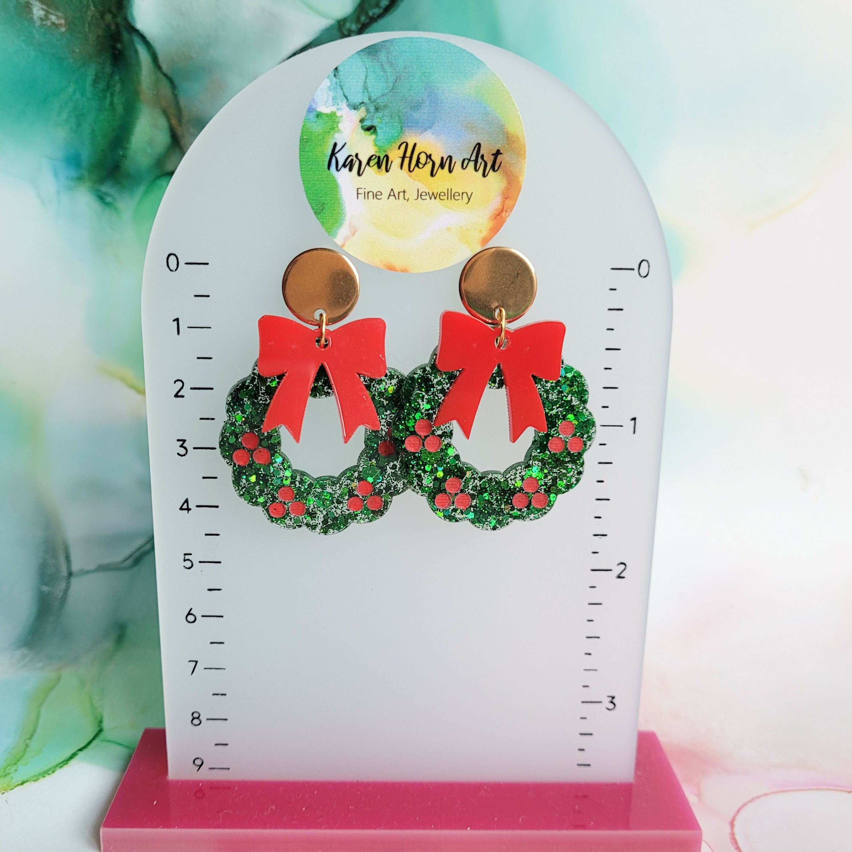 Handmade Christmas Wreath With Bow Resin Earrings