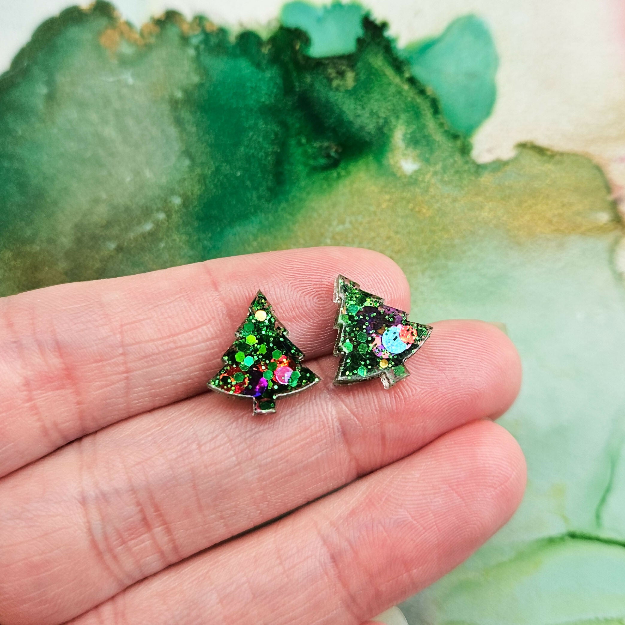 Handmade Glitter Christmas Trees Stud Earrings