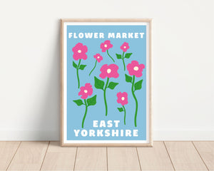 A4 Blue East Yorkshire Flower Market Print - Pink Flowers