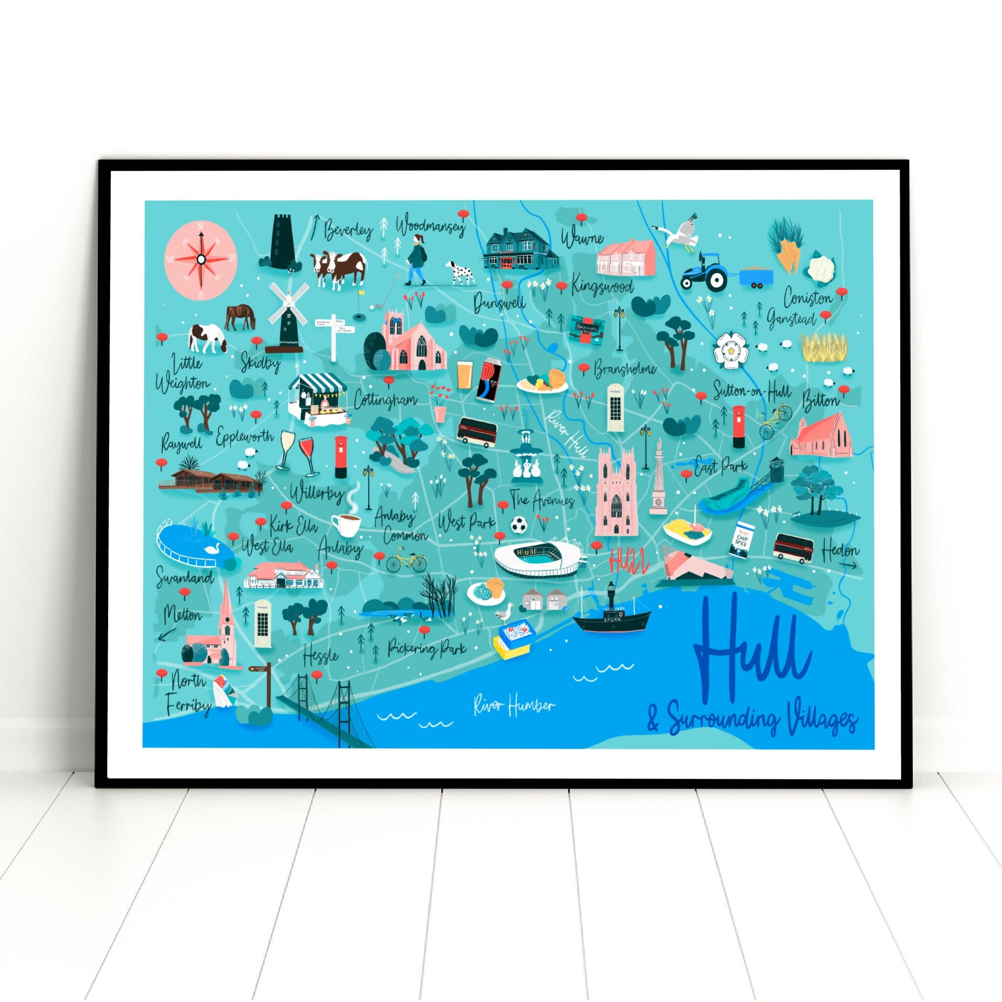 Blue illustration of Hull and surrounding villages featuring main attractions.