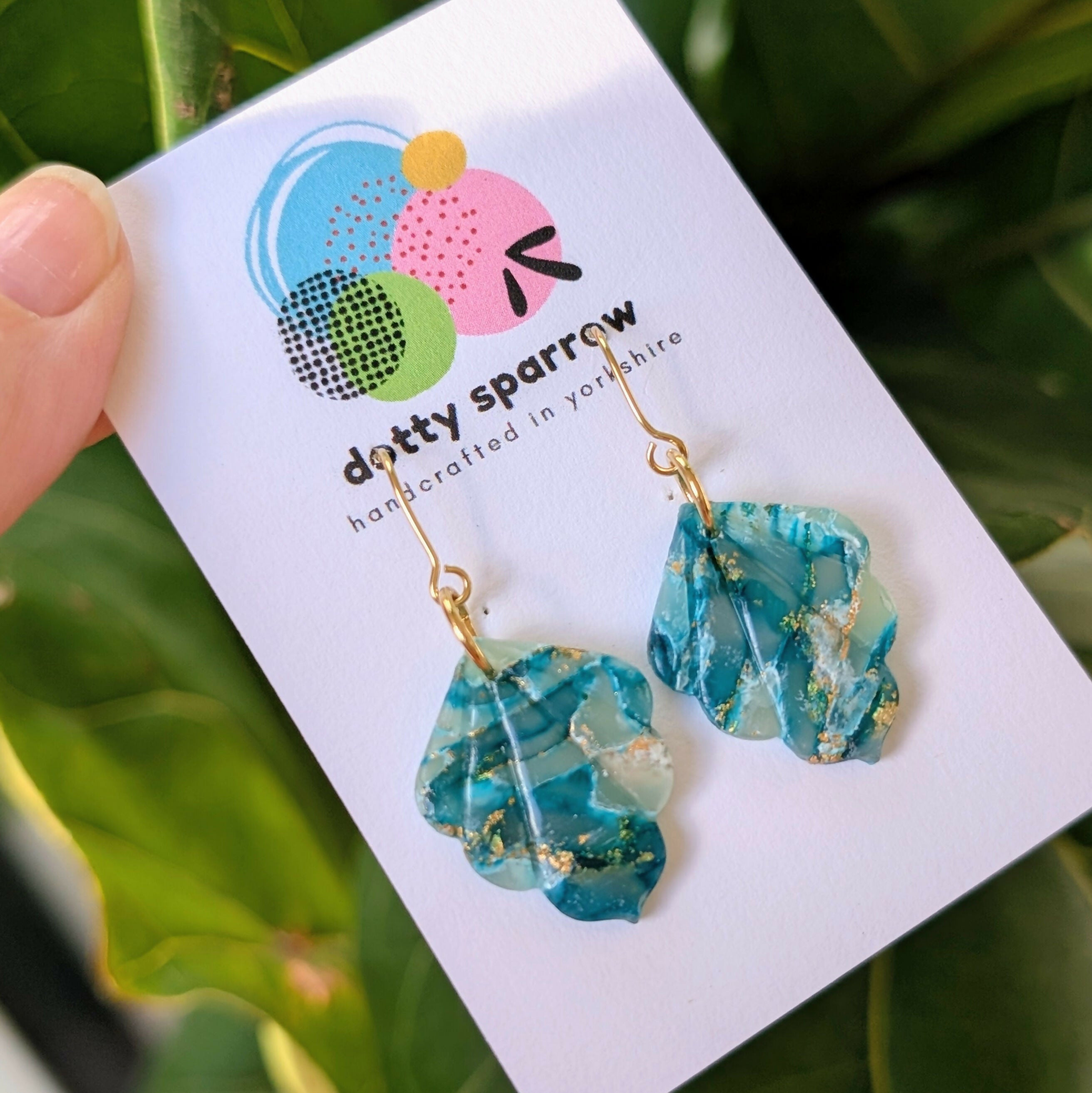 Green & Gold Faux Stone Shell Dangle Handmade Polymer Clay Earrings