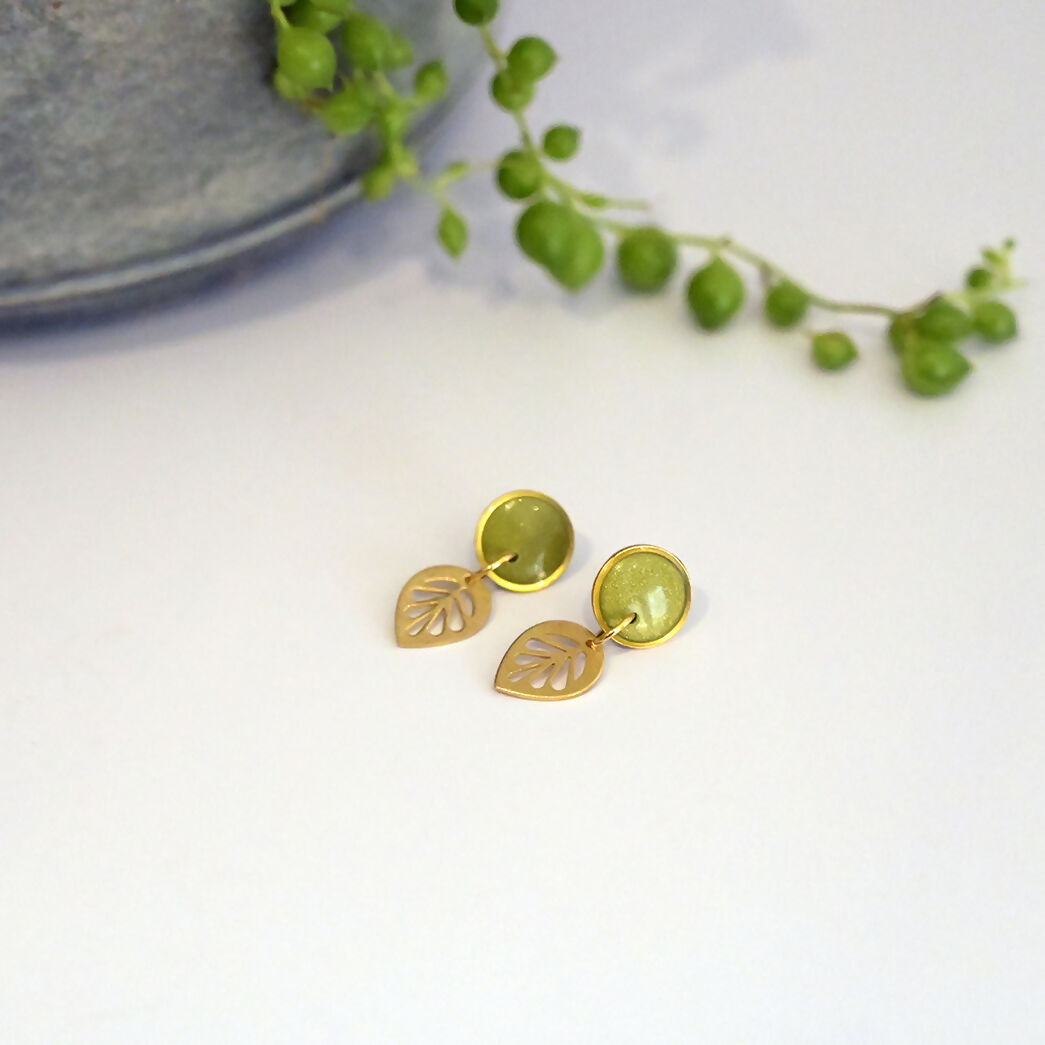 Olive and Gold Botanical Dangle Earrings - Handmade Polymer Clay - Polly Plant