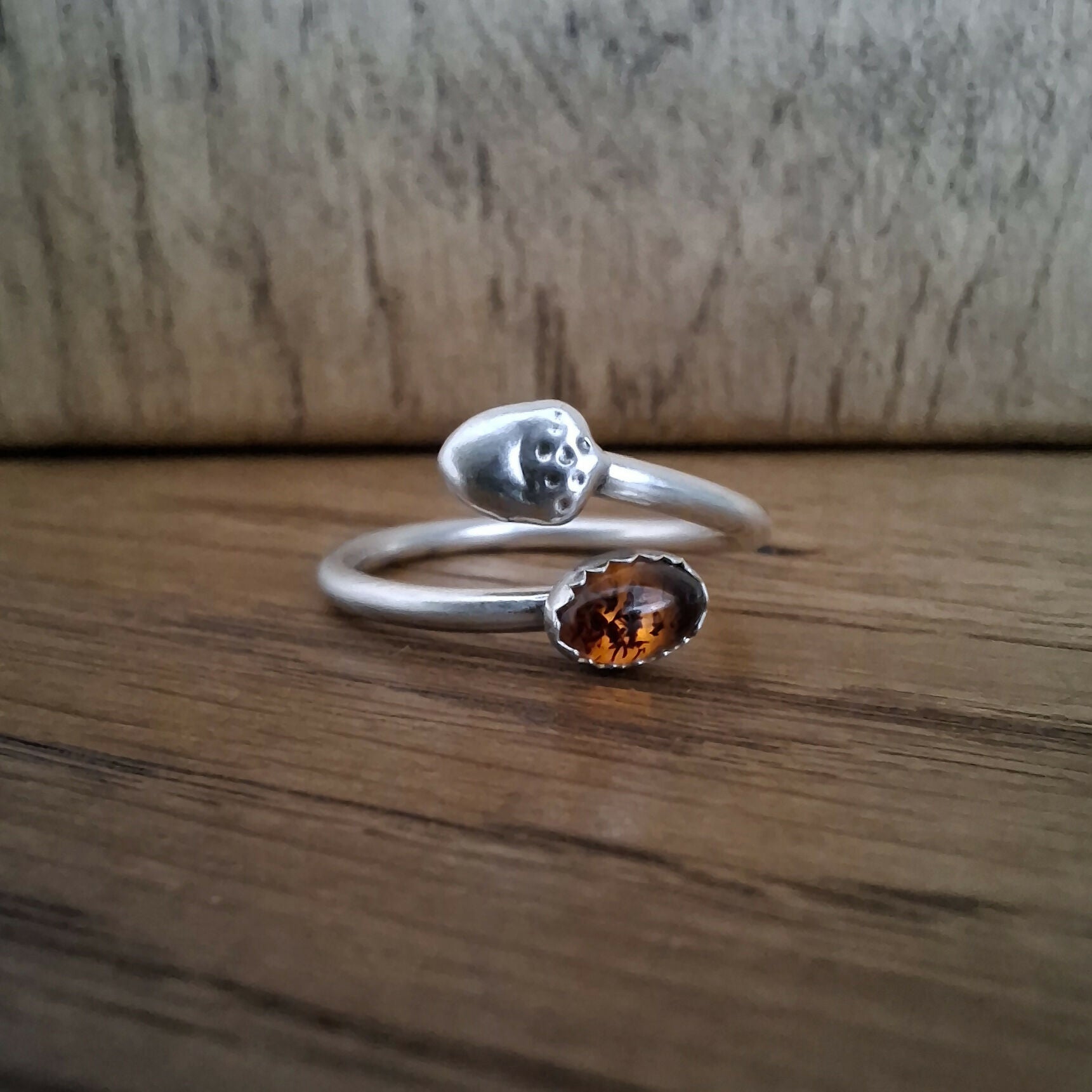Handmade Adjustable Silver Acorn Ring With Amber, Size L½