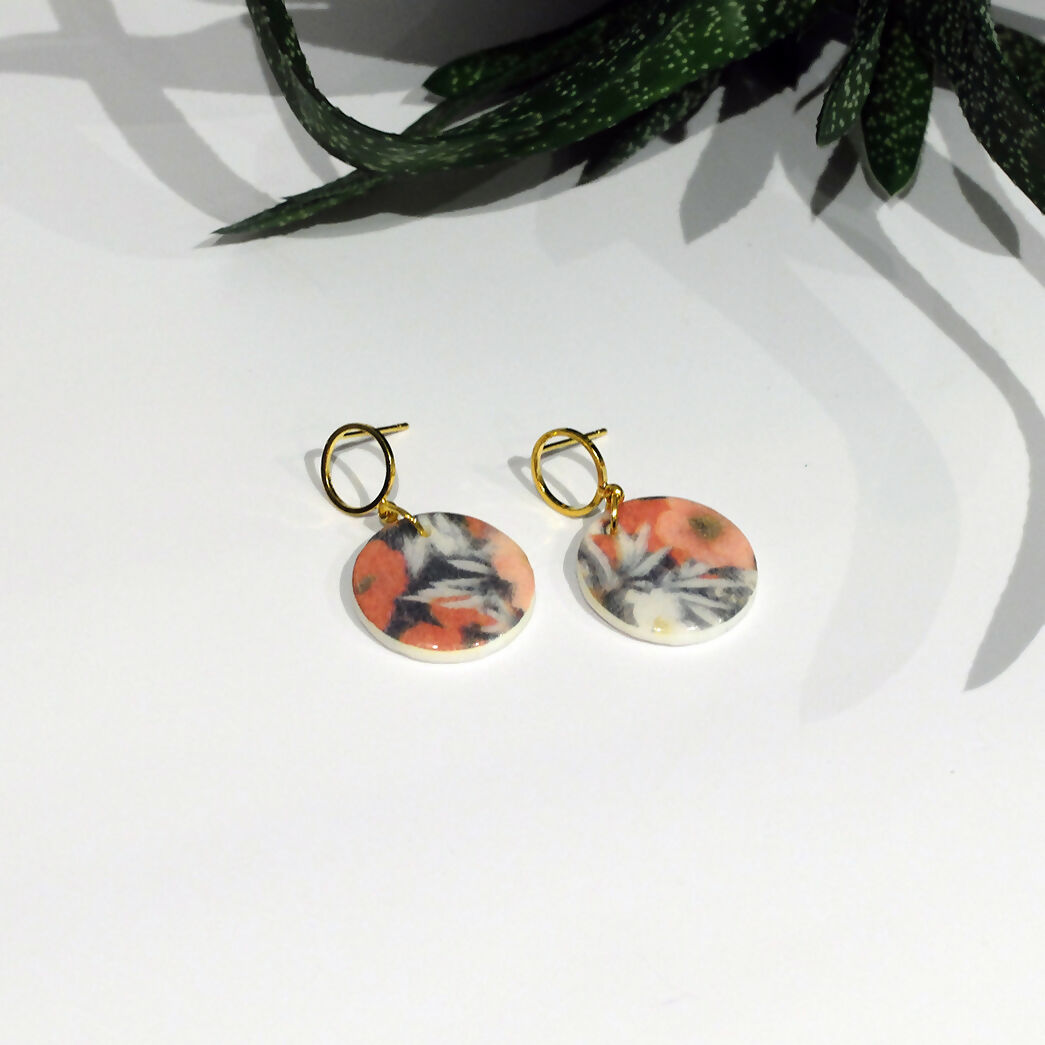 Orange and White Floral Dangle Earrings - Handmade Polymer Clay - Polly Plant