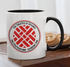 White mug with red knot design.