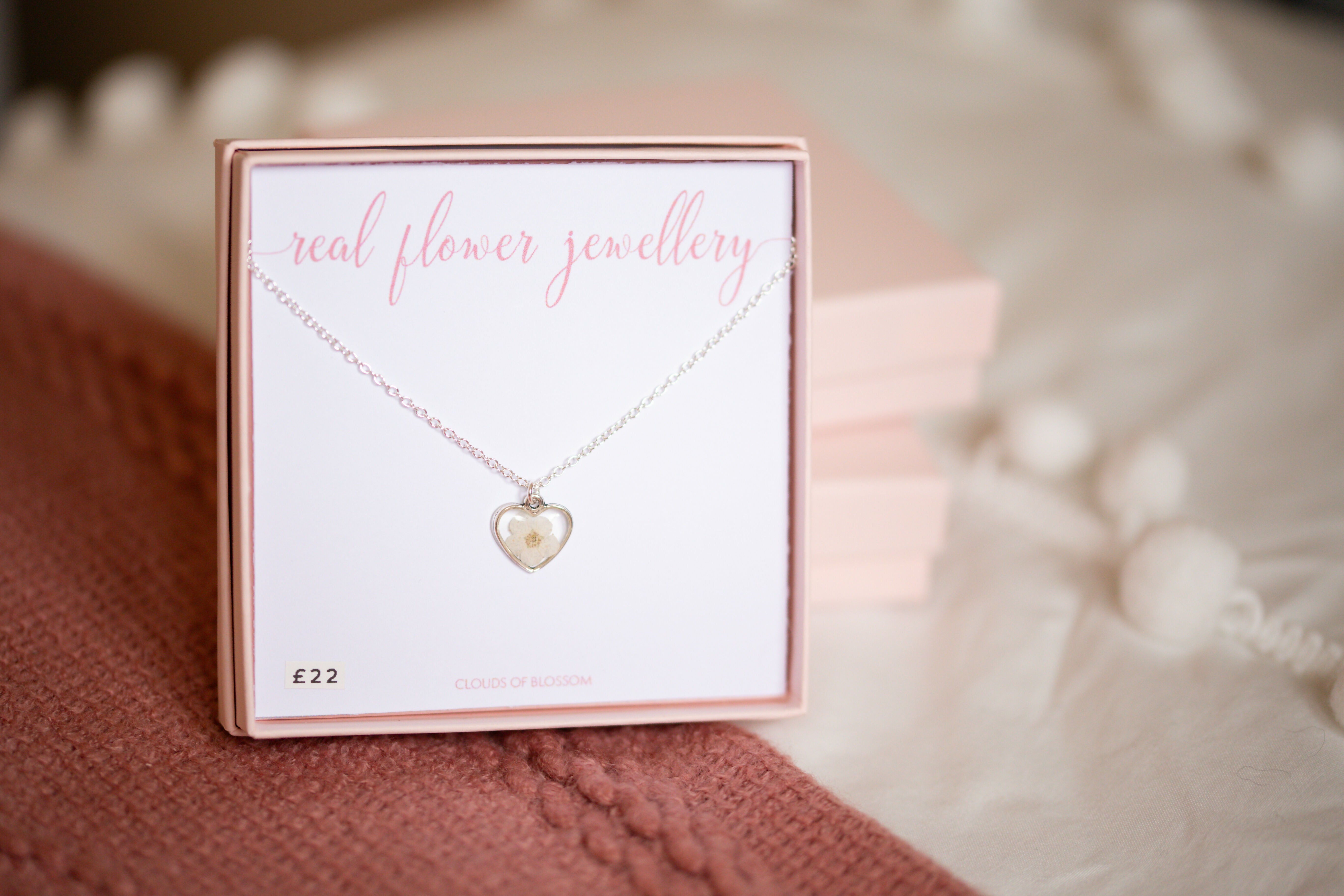 White Baby’s Breath Tiny Heart Necklace Silver Plated