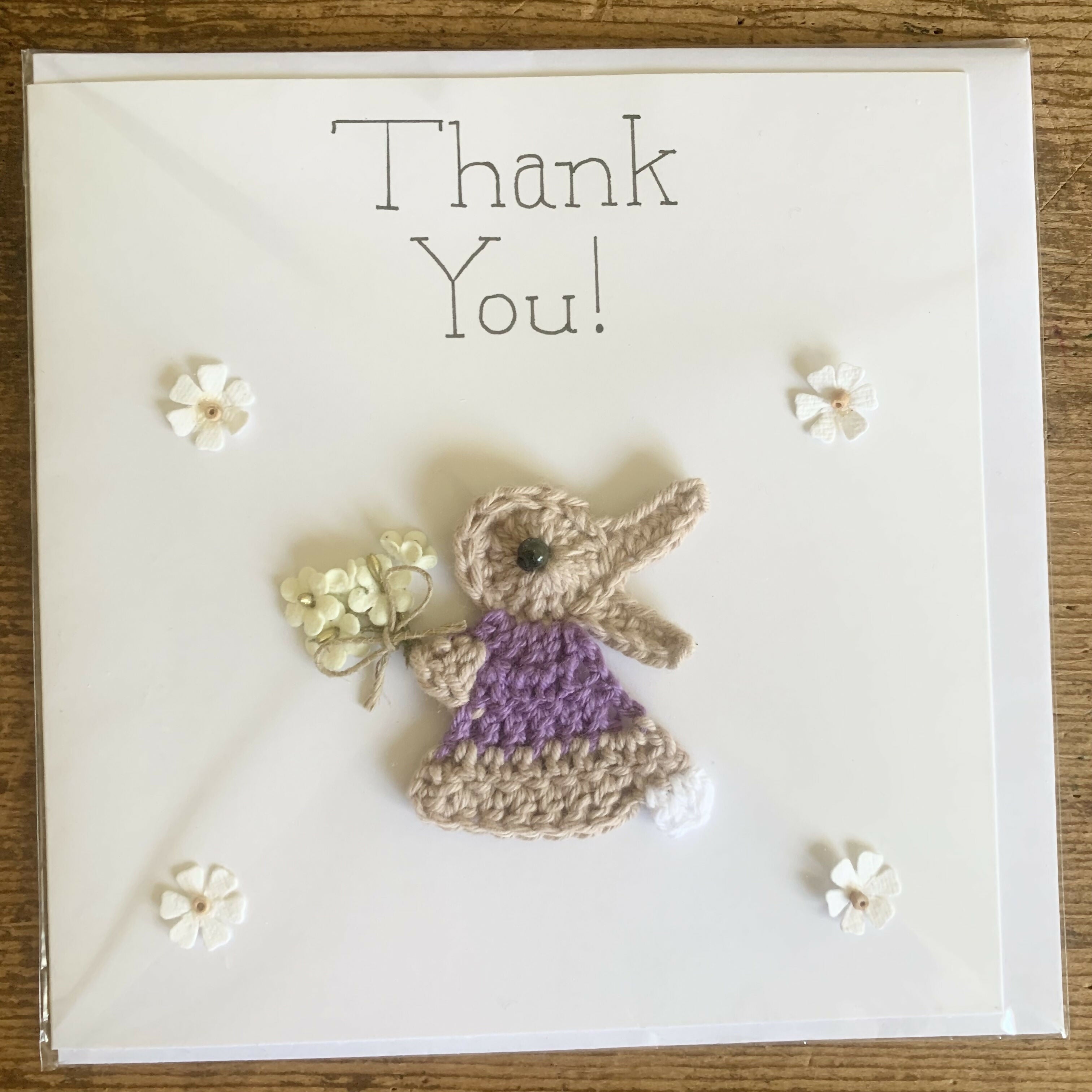 Thank You Crocheted card with Rabbit.