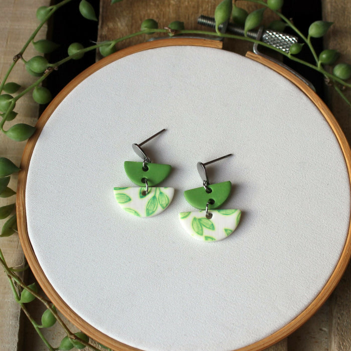 Green Leaf Print Half Circle Earrings