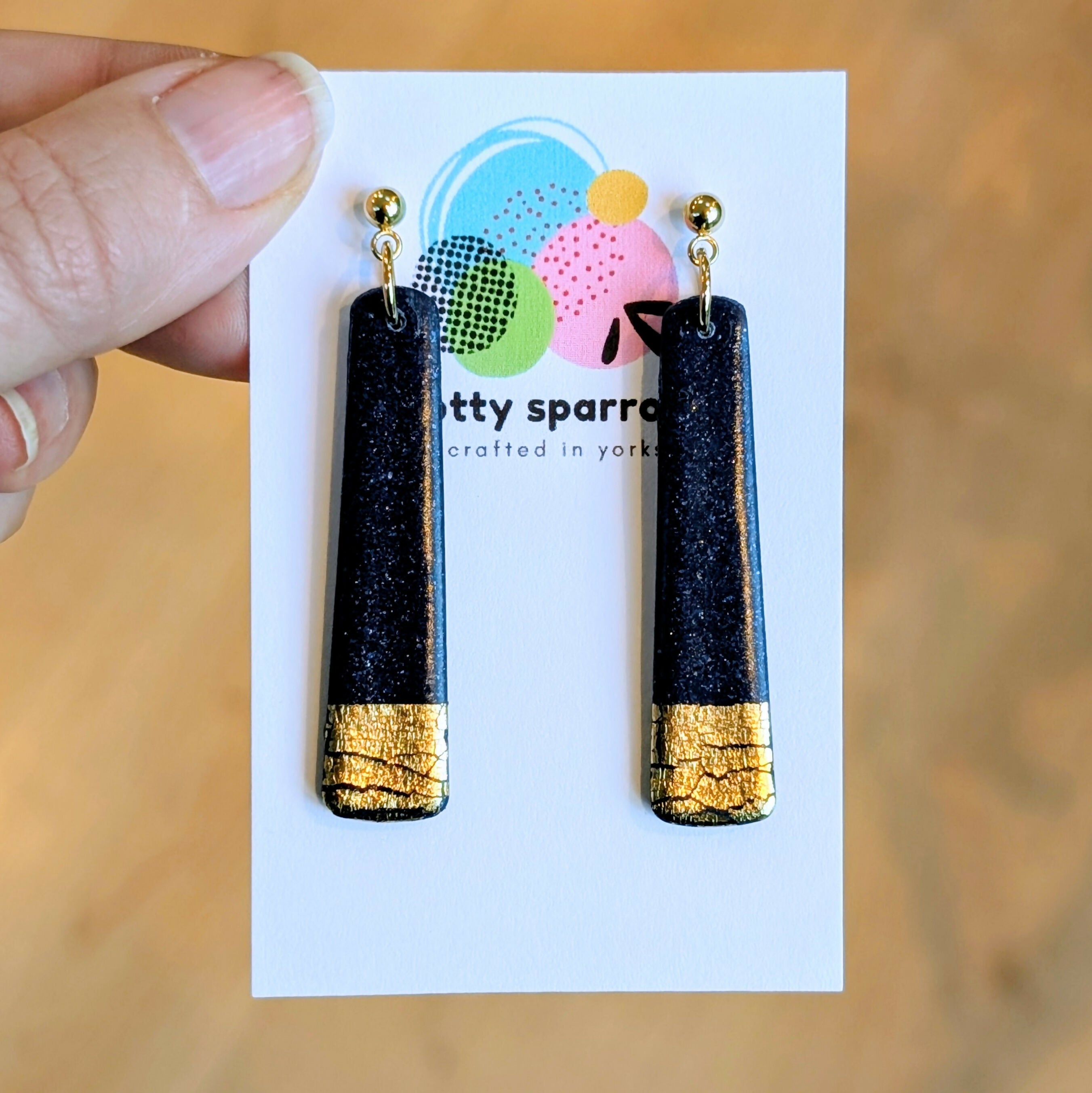 Navy & Gold Slim Ball Stud Dangle Handmade Polymer Clay Earrings