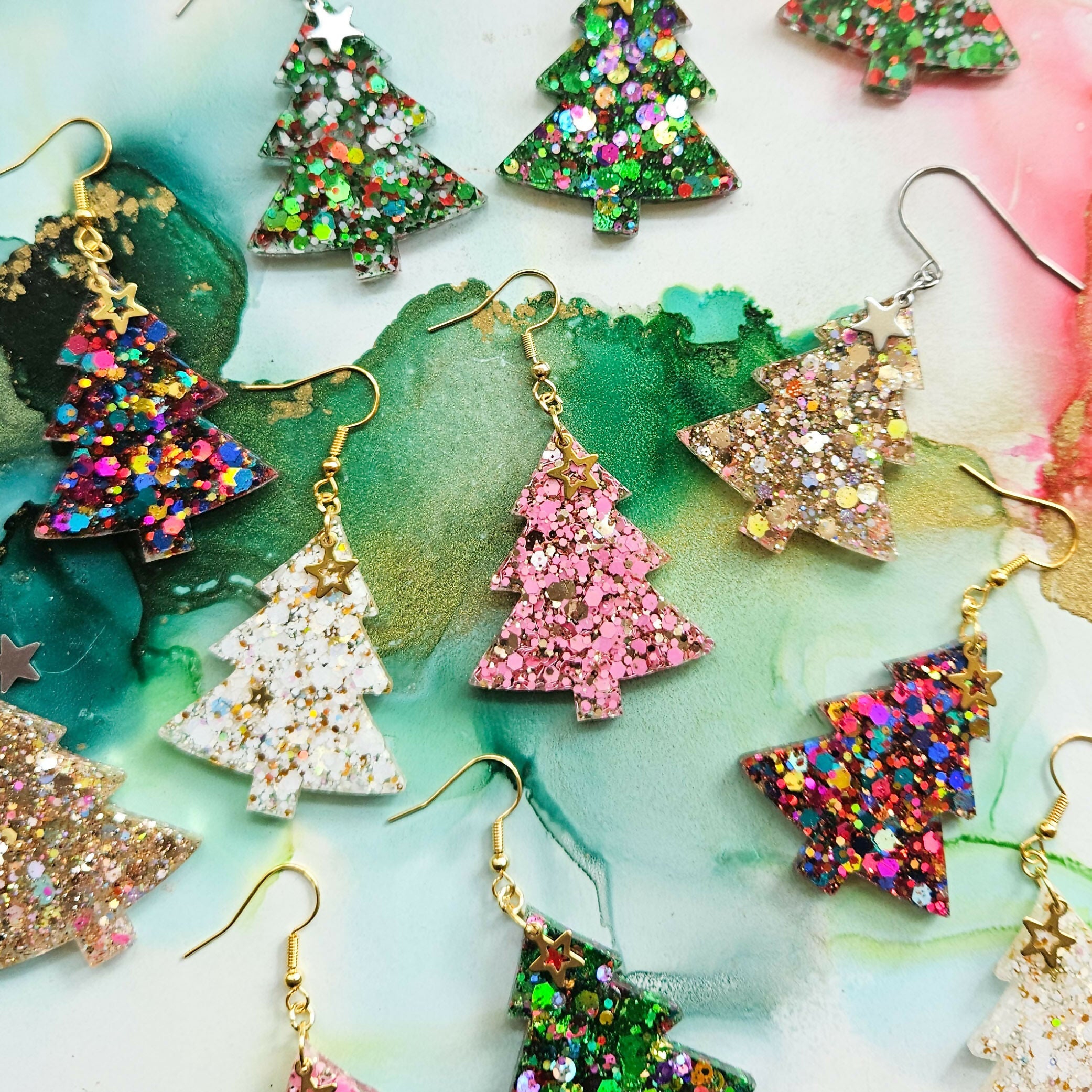 Handmade XL Glitter Resin Christmas Trees Earrings