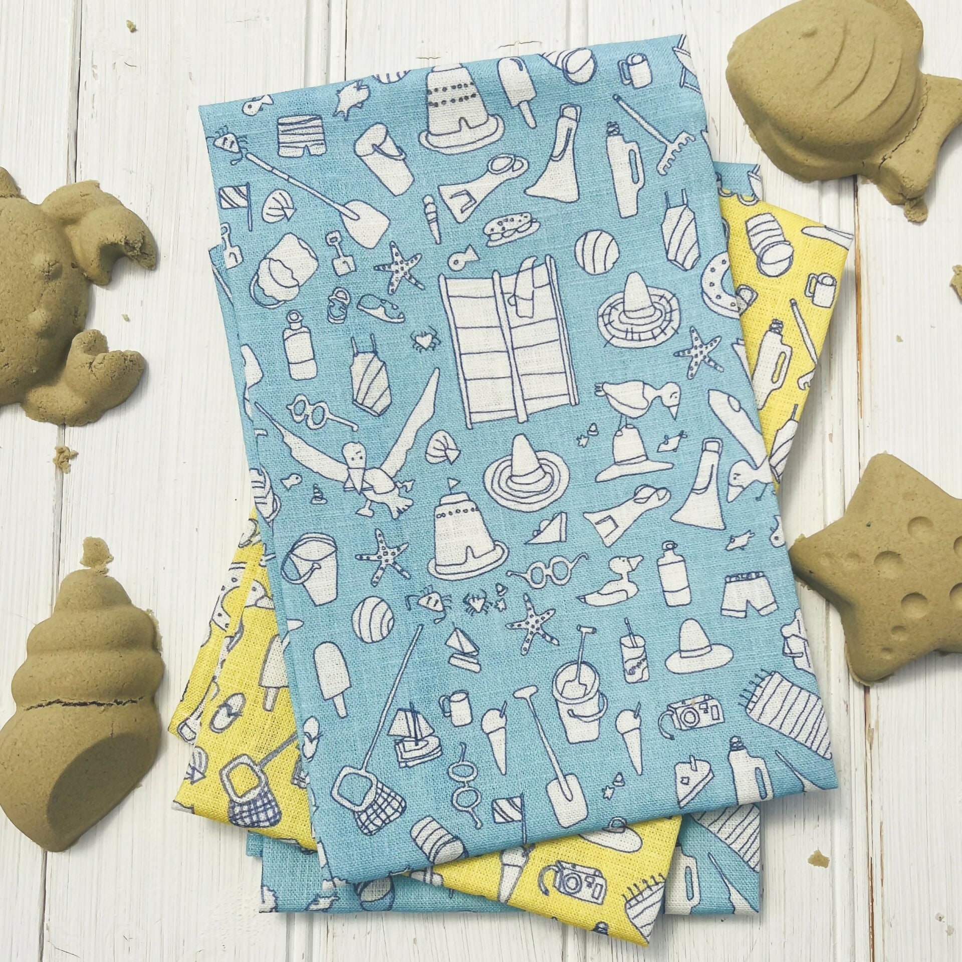 Linen Tea Towel - Beach Design in Yellow