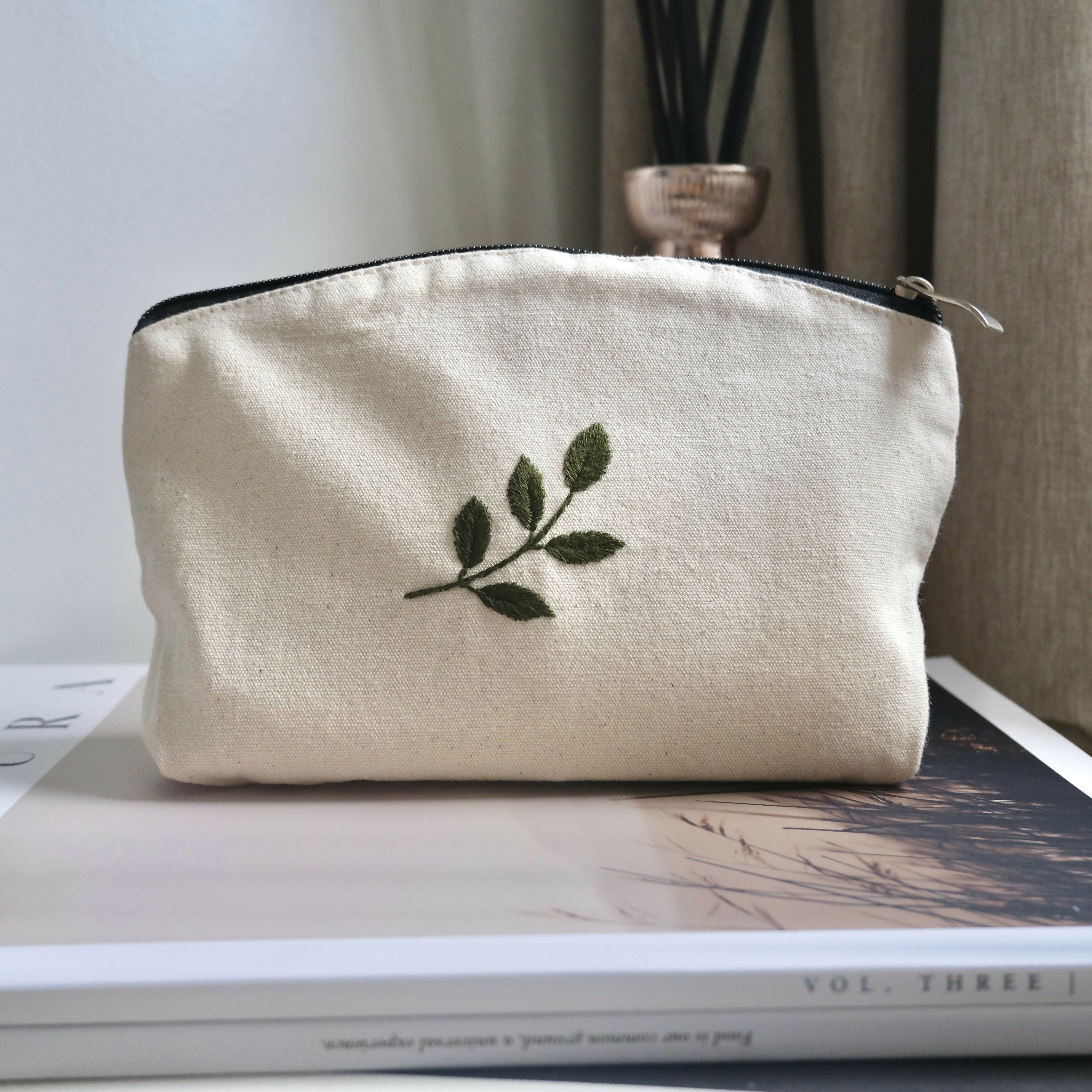 Hand Embroidered Leaf Make Up Bag