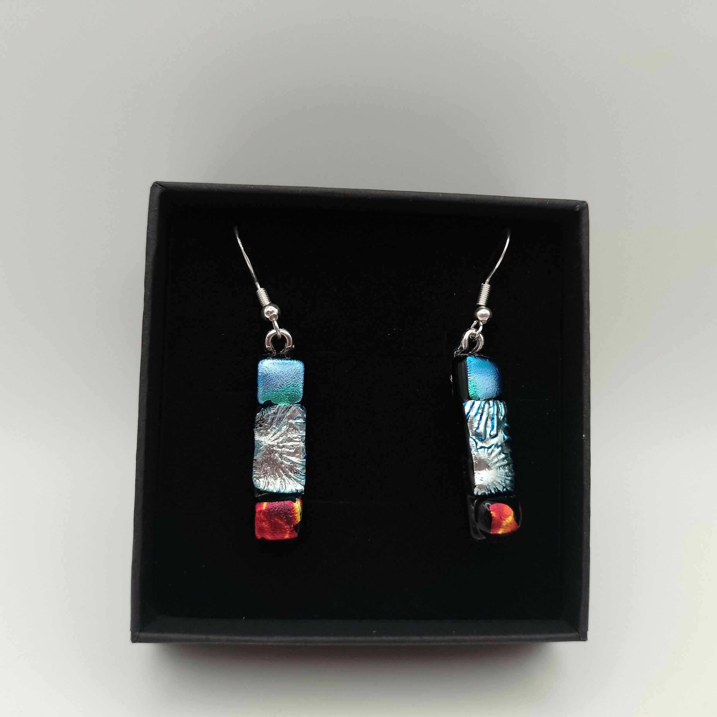 Blue, Silver and Red Dichroic Glass Earrings