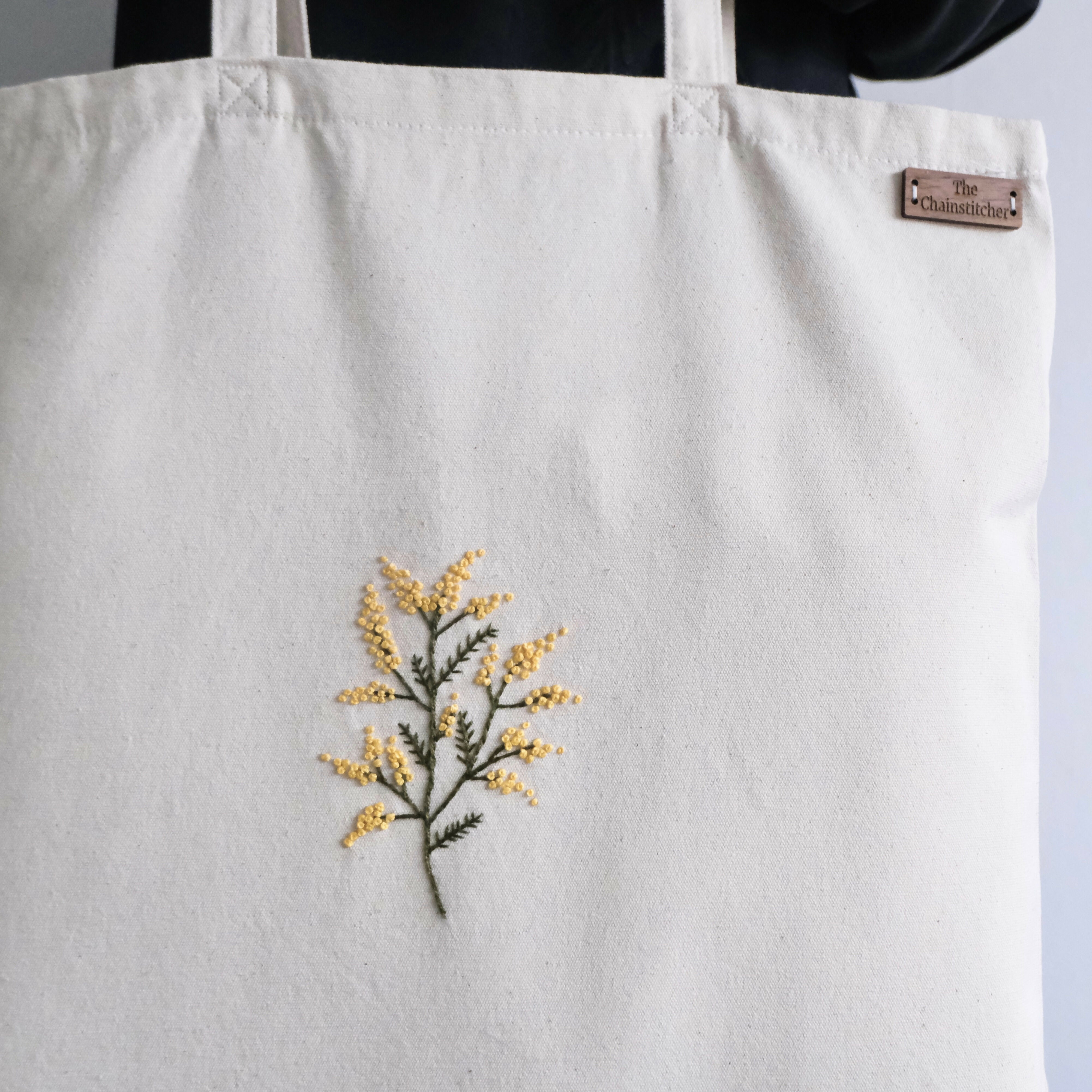 Hand Embroidered Mimosa Flower Tote Bag