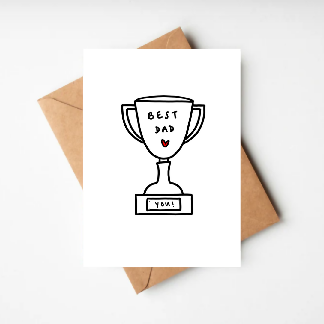 Black and white trophy illustration with 'best dad' written inside.