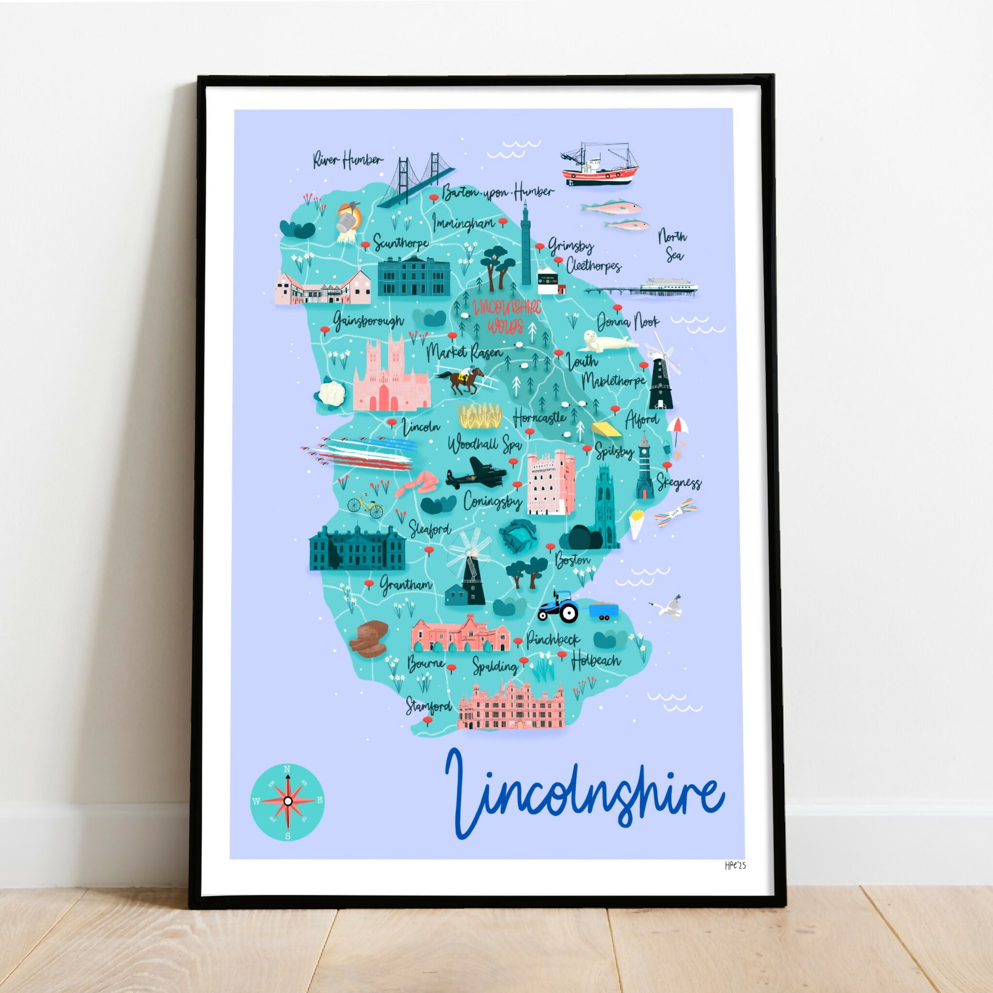 Blue and green illustrated map of Lincolnshire with main landmarks.