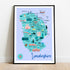 Blue and green illustrated map of Lincolnshire with main landmarks.