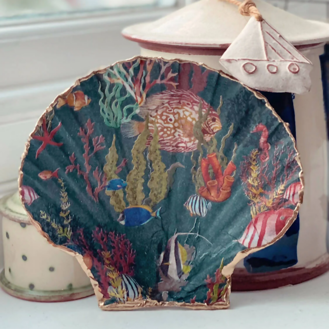 Handcrafted Coral Dark Scallop Shell | Unique Home Decor | Art & Soul