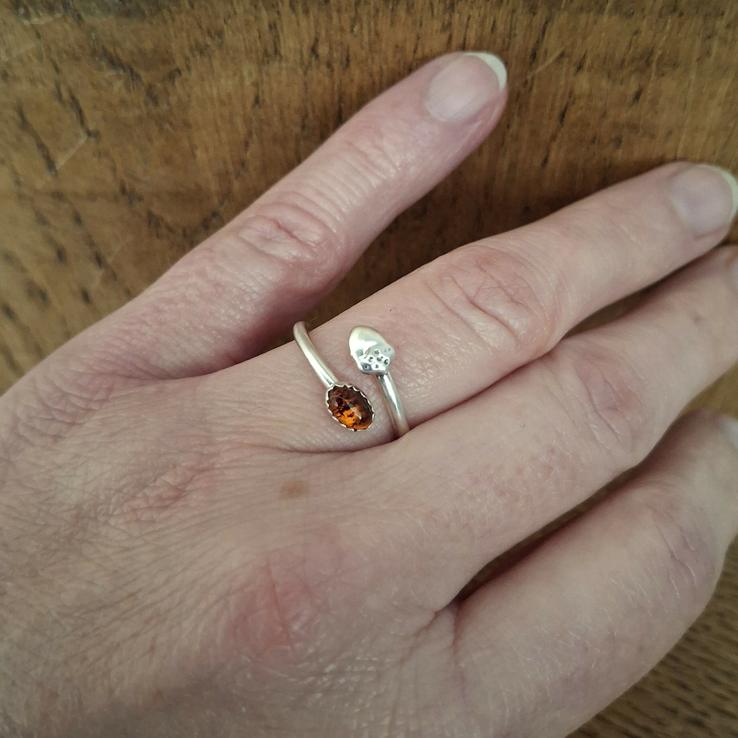 Handmade Adjustable Silver Acorn Ring With Amber, Size L½